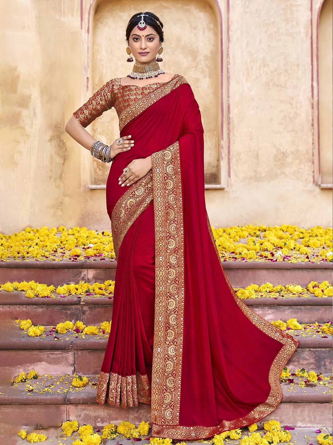 

NIRMAL CREATION Zari Pure Silk Saree, Red