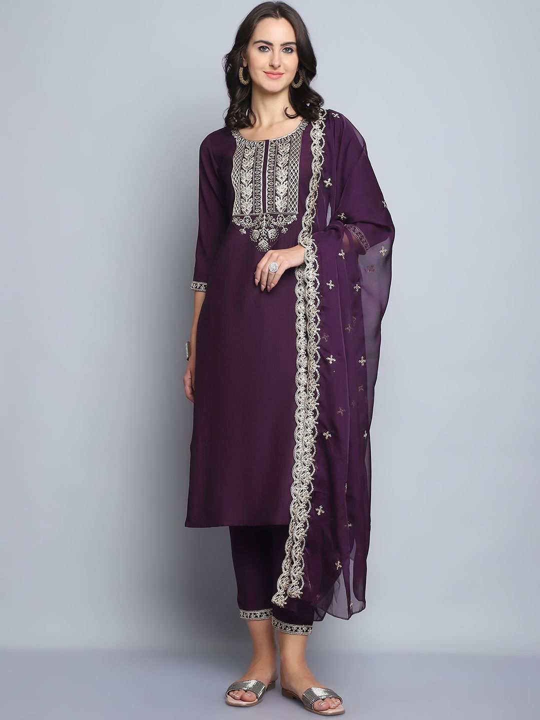 

KALINI Ethnic Motifs Embroidered Thread Work Pure Silk Kurta with Trousers & Dupatta, Maroon