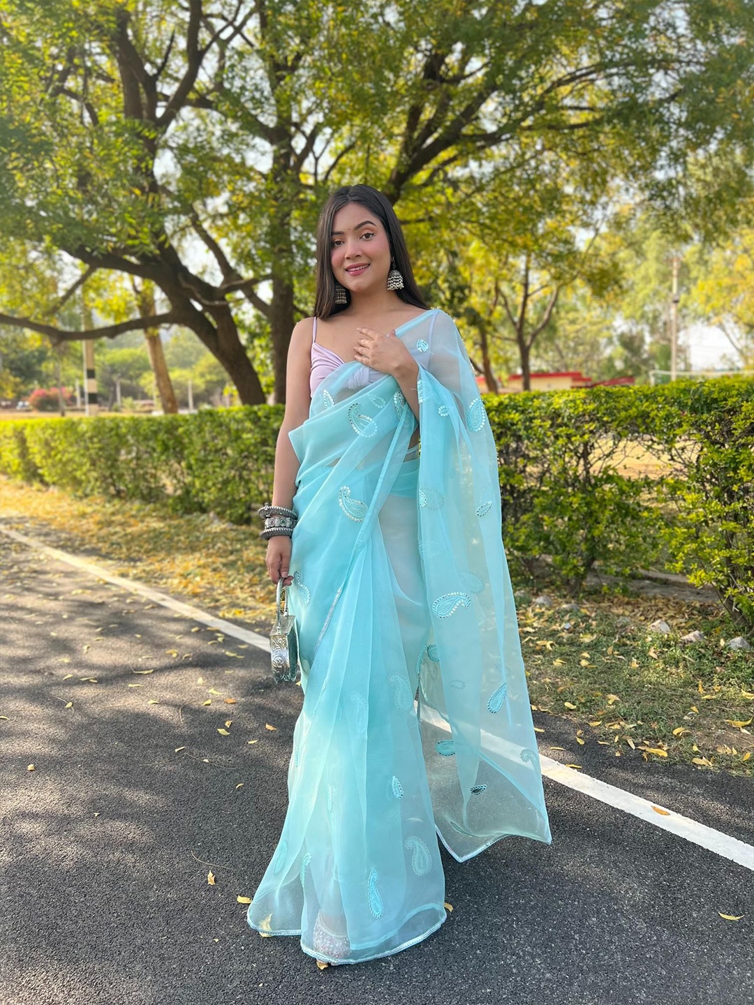 

Mitera Paisley Embroidered Organza Saree, Turquoise blue