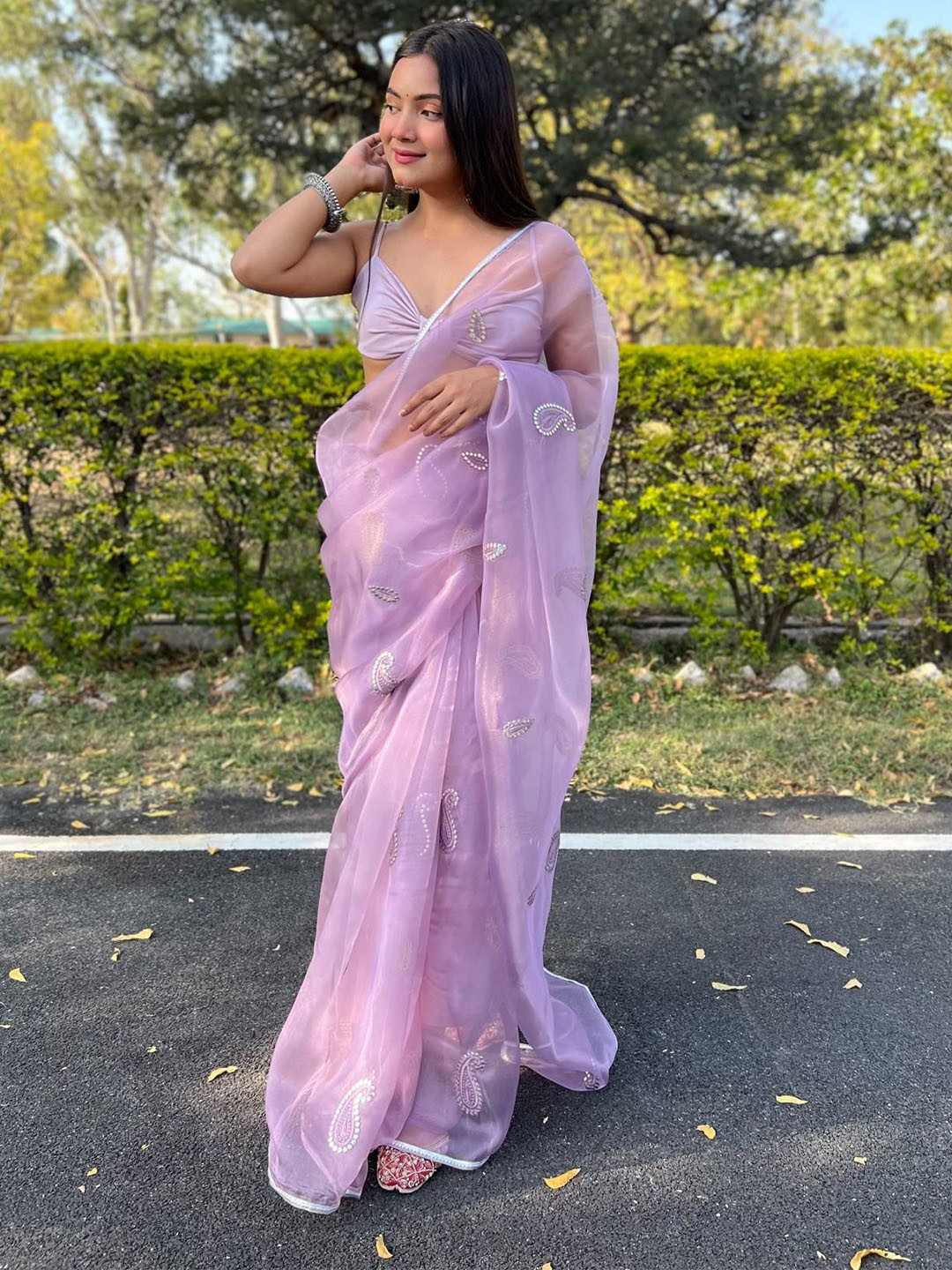 

Kalista Paisley Embroidered Organza Saree, Purple
