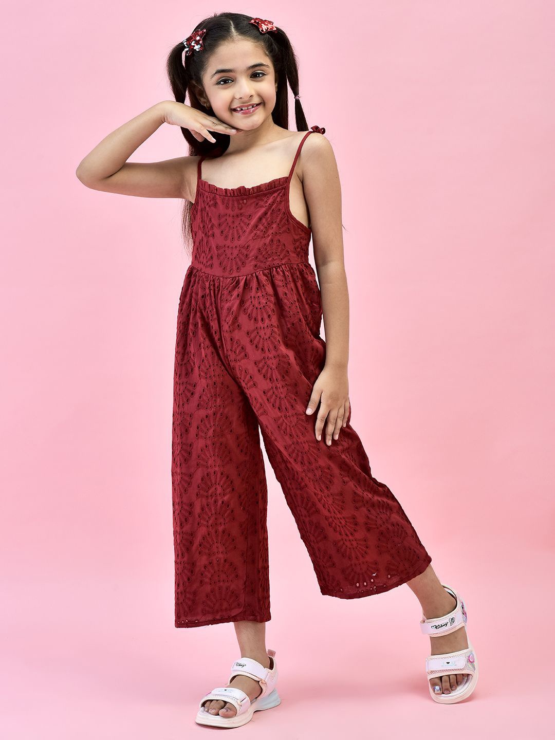 

Juniper Girls Schiffli Shoulder Straps Basic Jumpsuit, Maroon