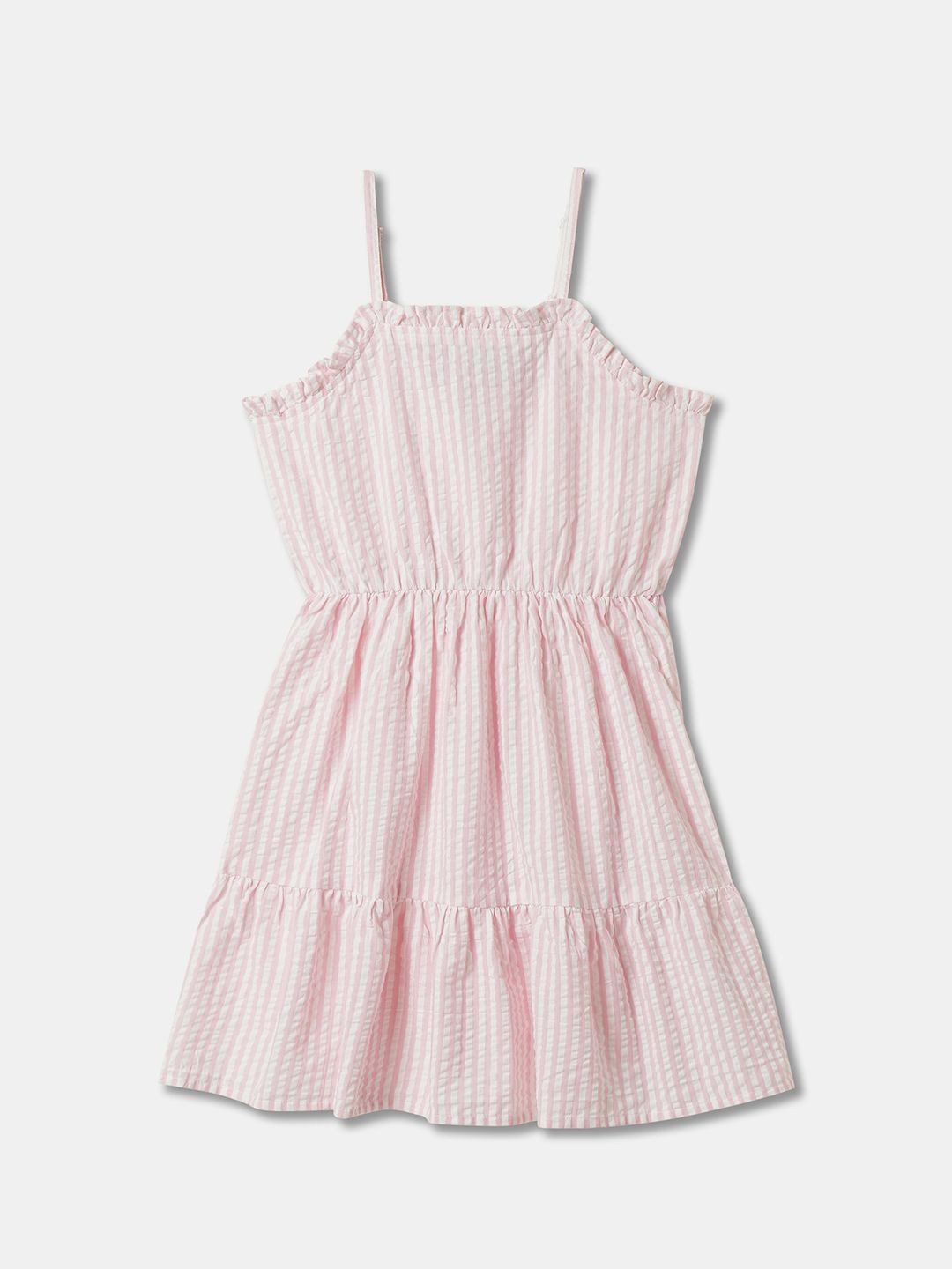 

R&B Girls Cotton Striped Shoulder Straps Fit and Flare Dress, Pink