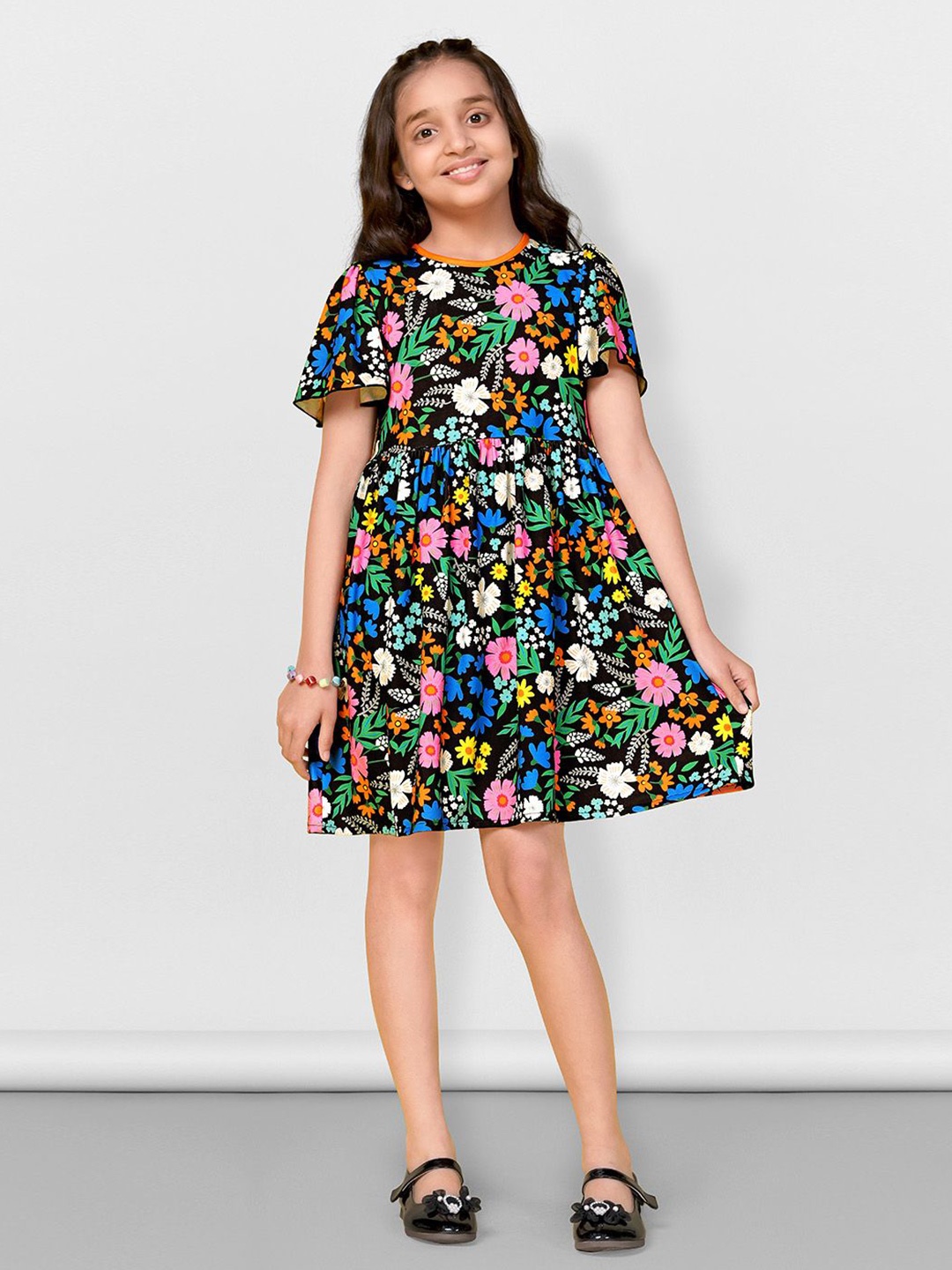 

BAESD Girls Floral Printed Flared Sleeves Fit & Flare Dress, Black