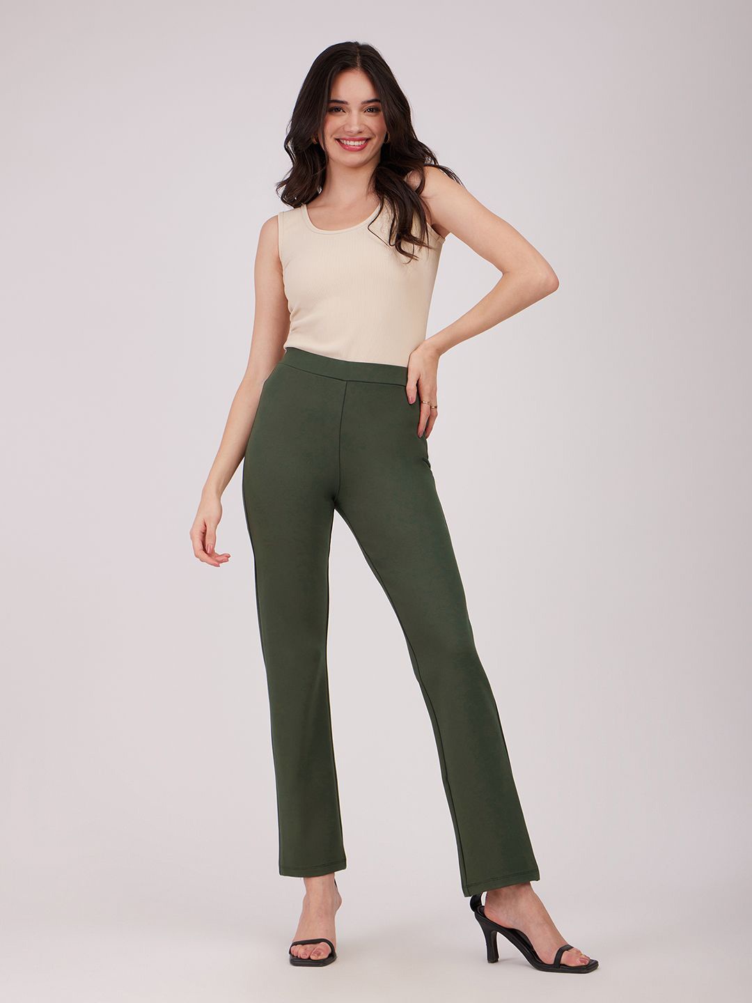 

FableStreet Women Green High Rise Trousers