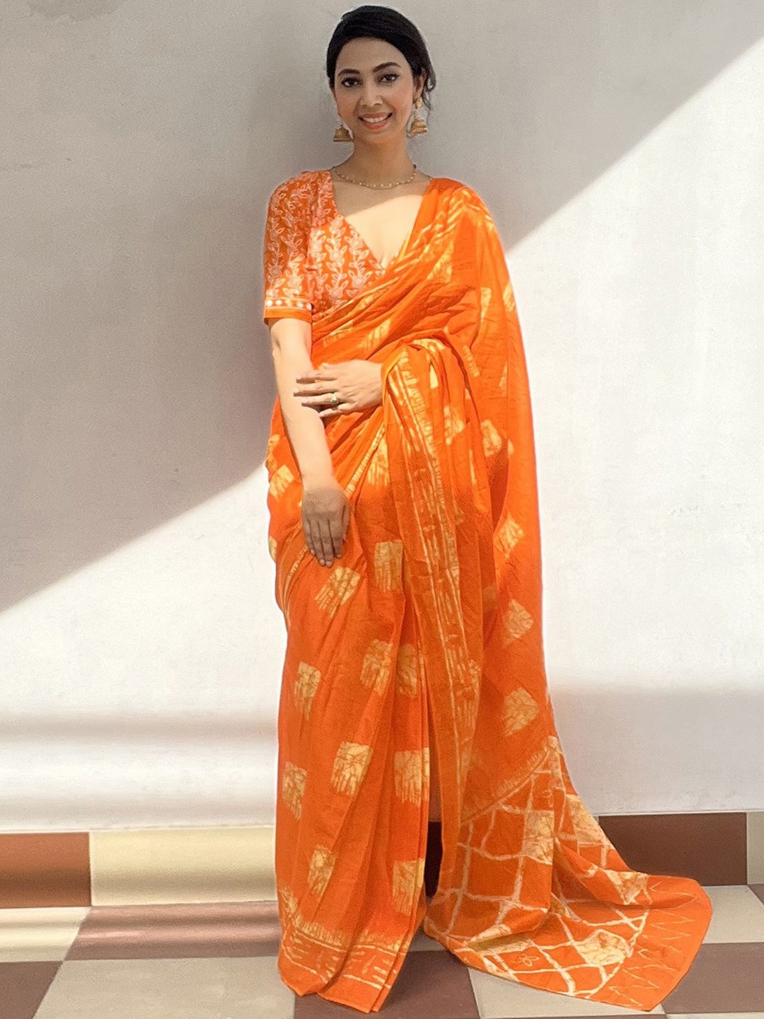 

Saree mall Ready to Wear Printed Abstract Block Print Sarees, Orange