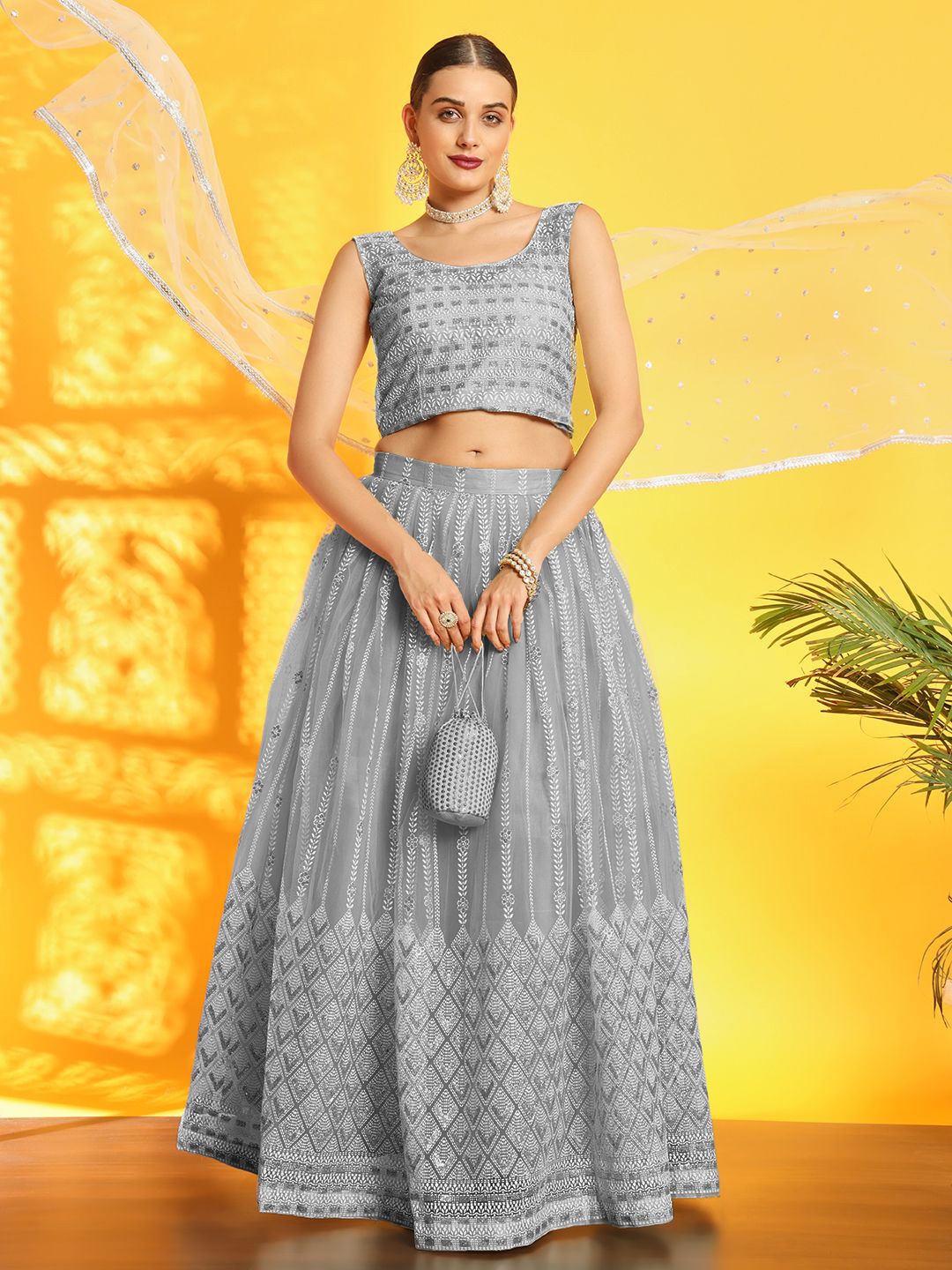 

Chhabra 555 Embroidered Sequinned Choli & Lehenga With Dupatta, Silver