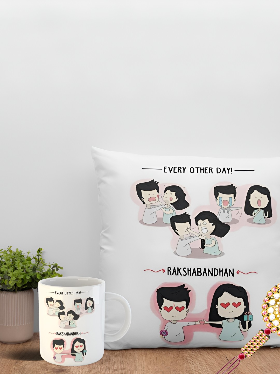 

ARTBUG Set Of 3 Rakhi With Printed Mug & Cushion, Gold