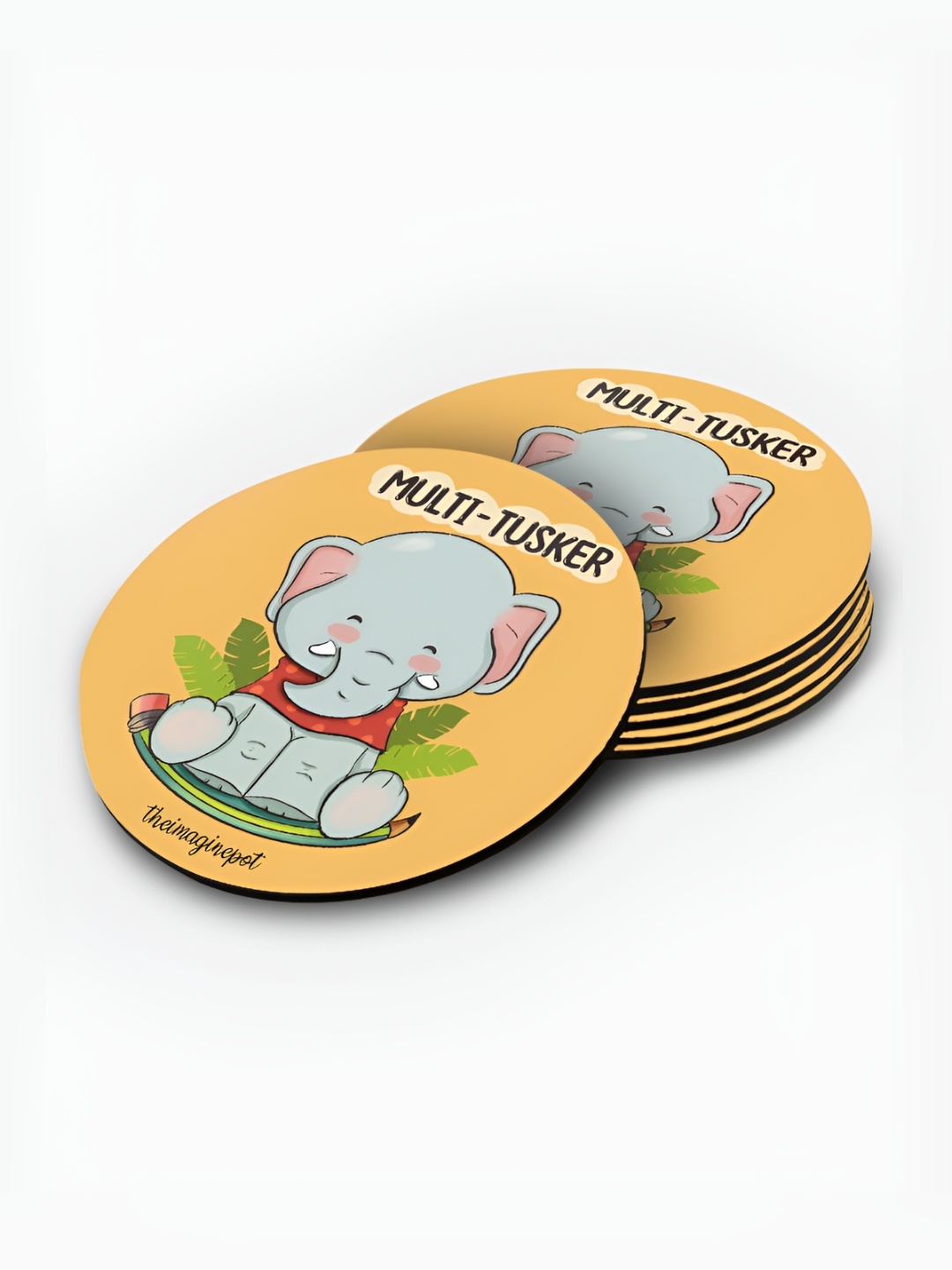 

macmerise Yellow & Sea Green 6 Pieces Printed Round Wooden Coasters