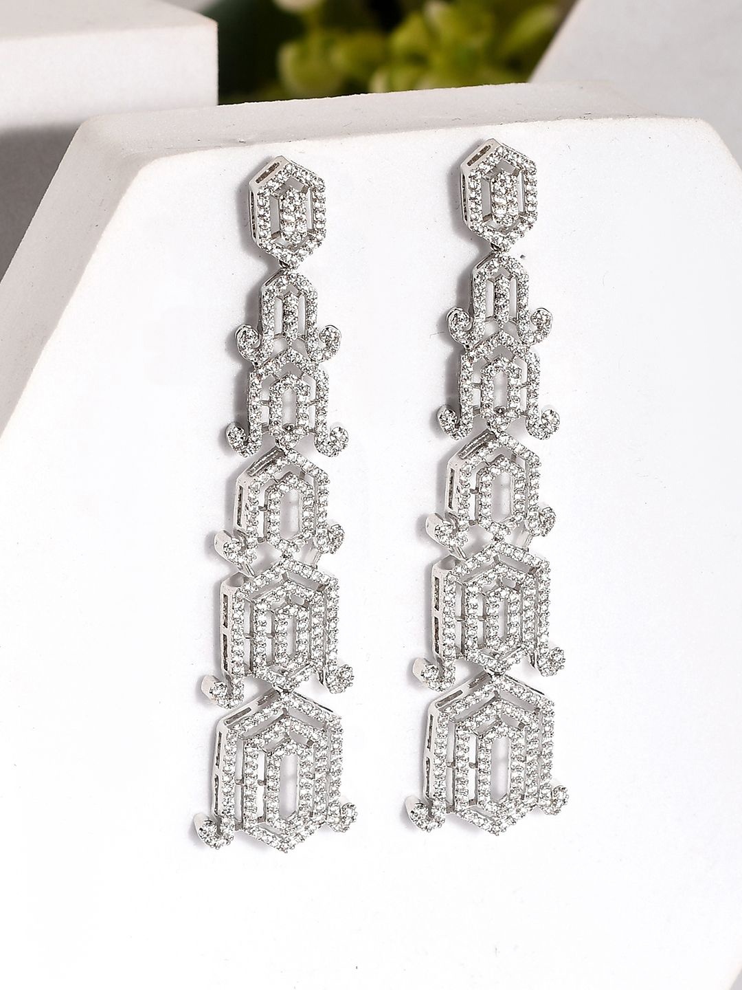 

Voylla Rhodium-Plated Sparkling Elegance Glamorous Long American Diamond Drop Earrings, Silver
