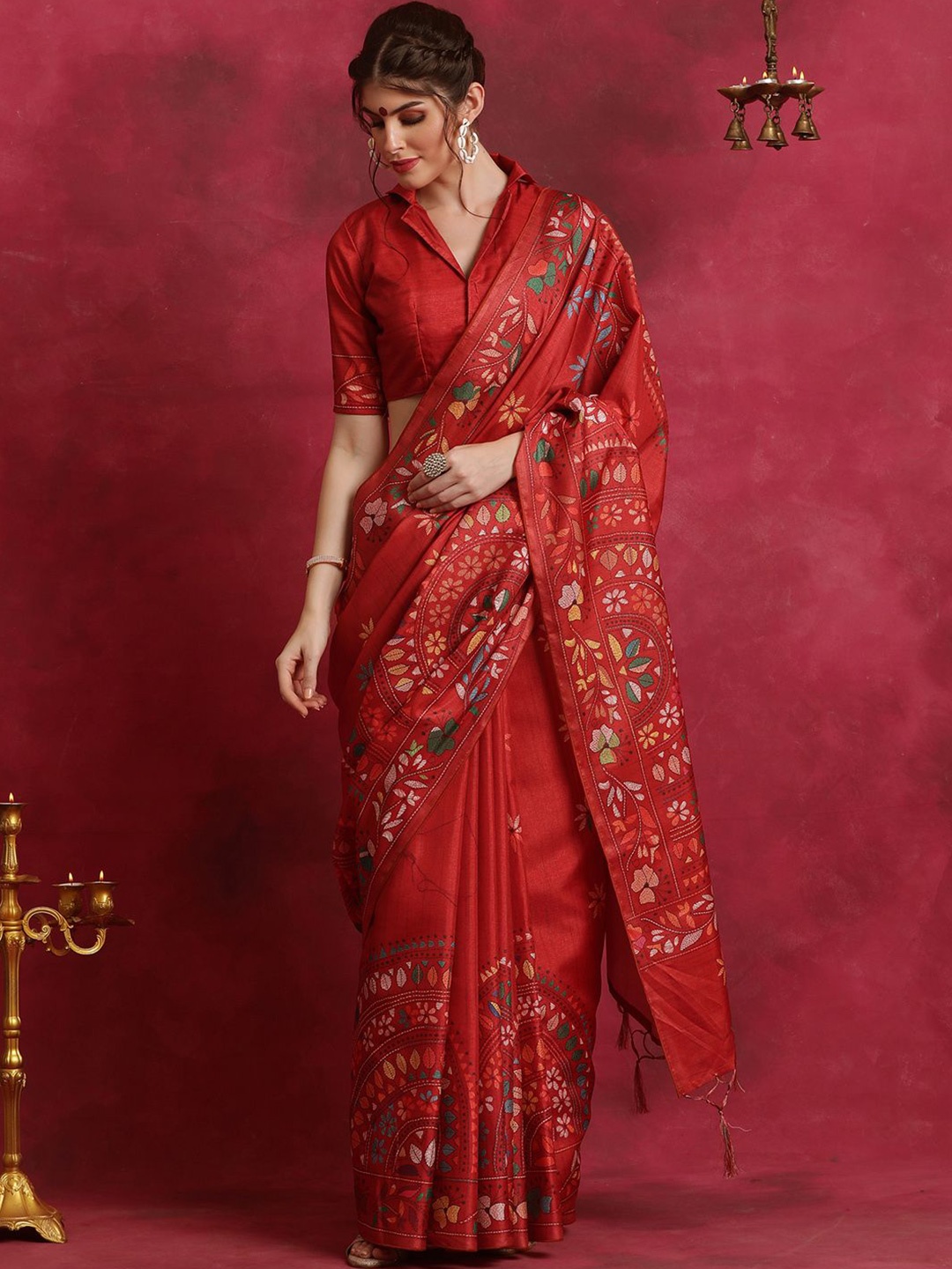 

Saree mall Ethnic Motifs Silk Blend Block Print Sarees, Red