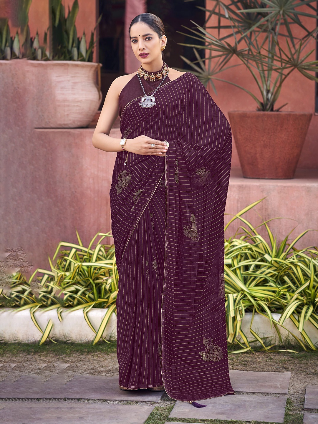 

NIRMAL CREATION Striped Beads and Stones Pure Silk Saree, Burgundy