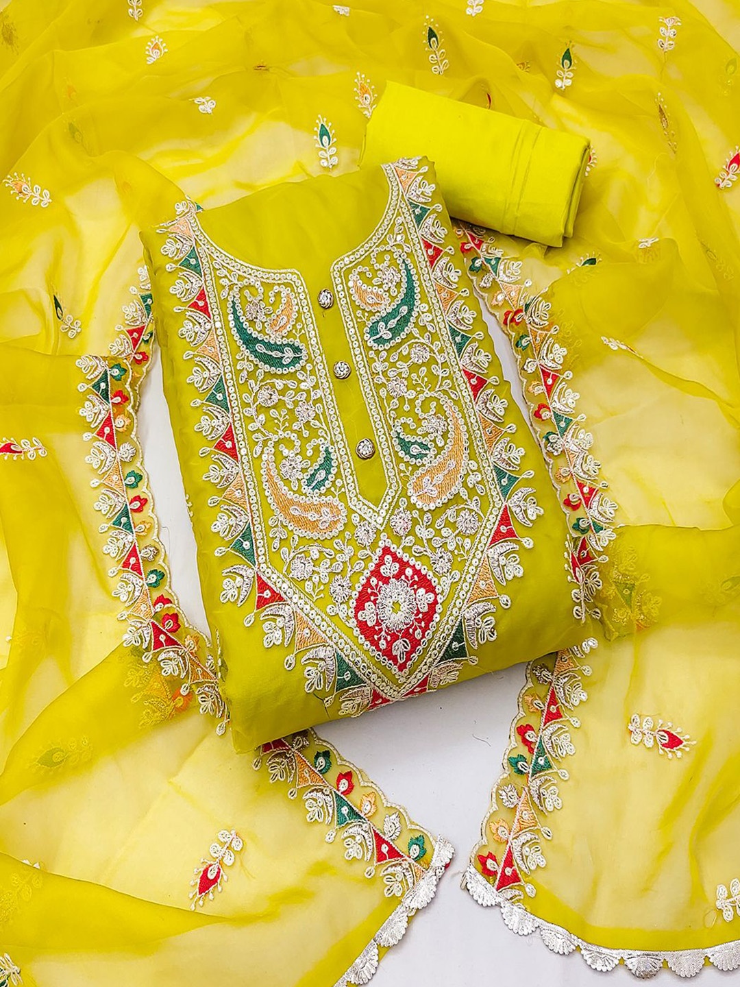 

Lilots Paisley Sequinned Organza Unstitched Dress Material, Yellow
