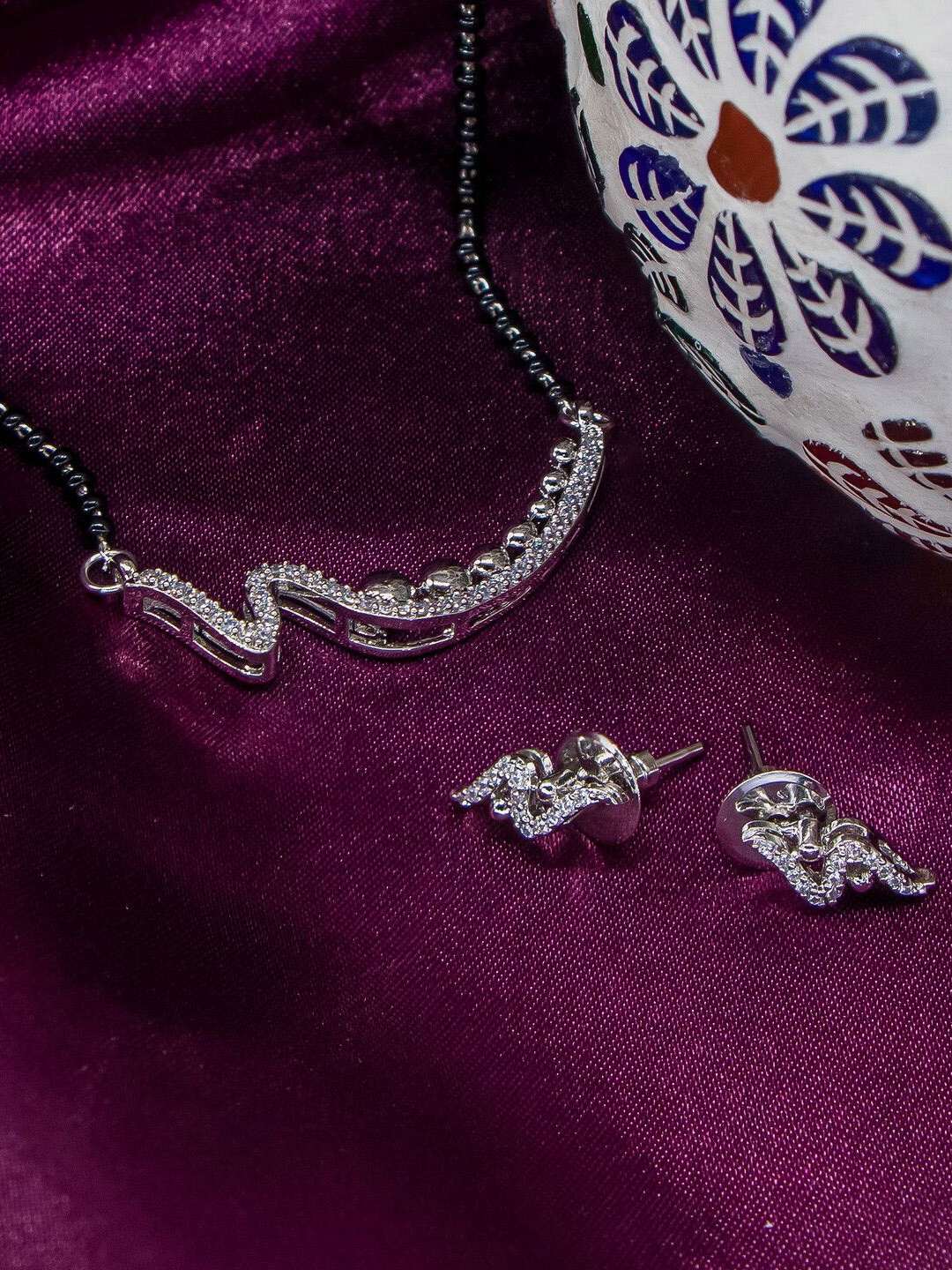 

Manikya Rhodium Plated American Diamond Stone Studded & Beaded Mangalsutra, Silver