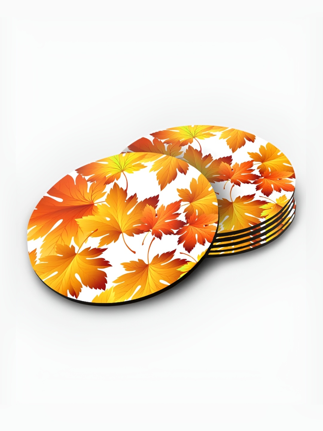 

macmerise Orange & White 6 Pieces Floral Printed Round Wooden Coasters