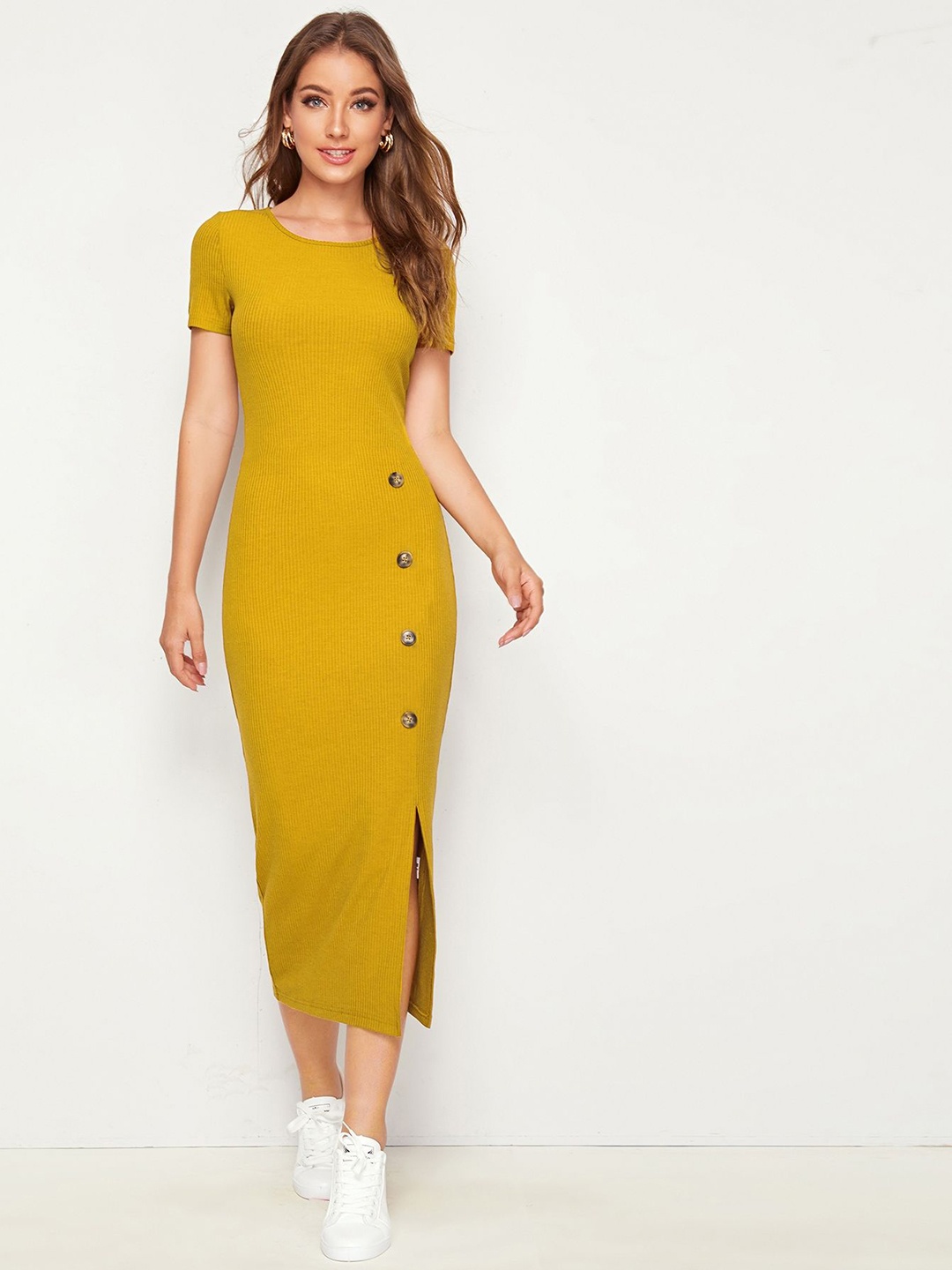 

Nalax Designs Round Neck Slim Fit Split Hem Bodycon Midi Dress, Mustard