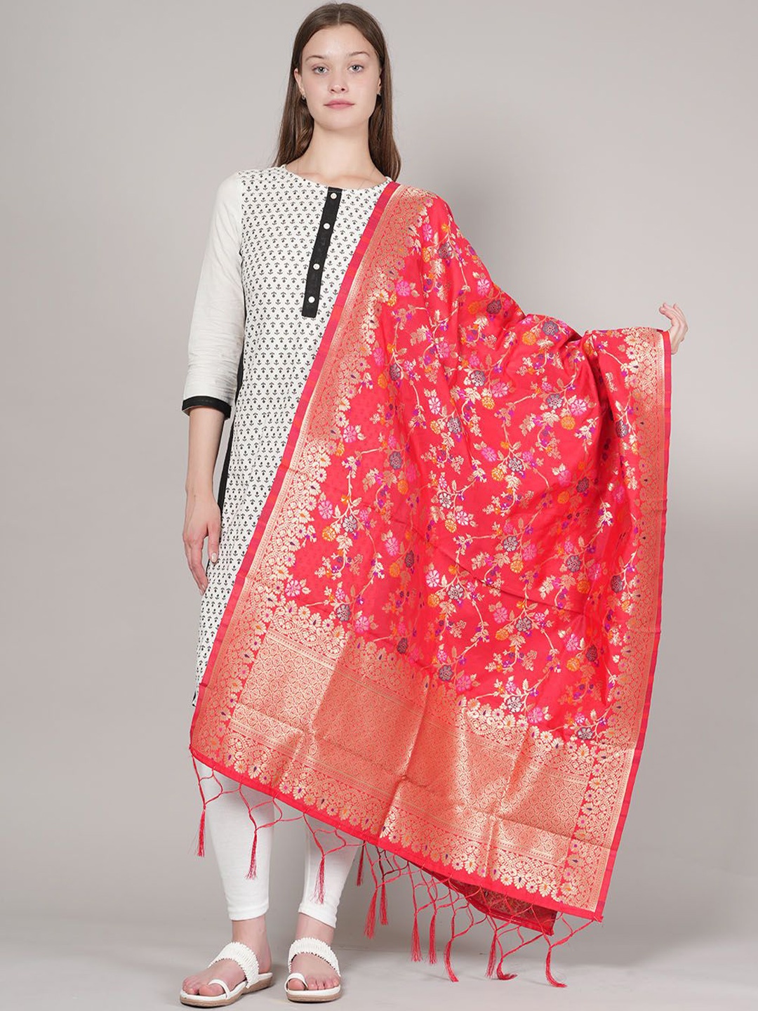 

MUFFLY Floral Woven Design Dupatta, Red