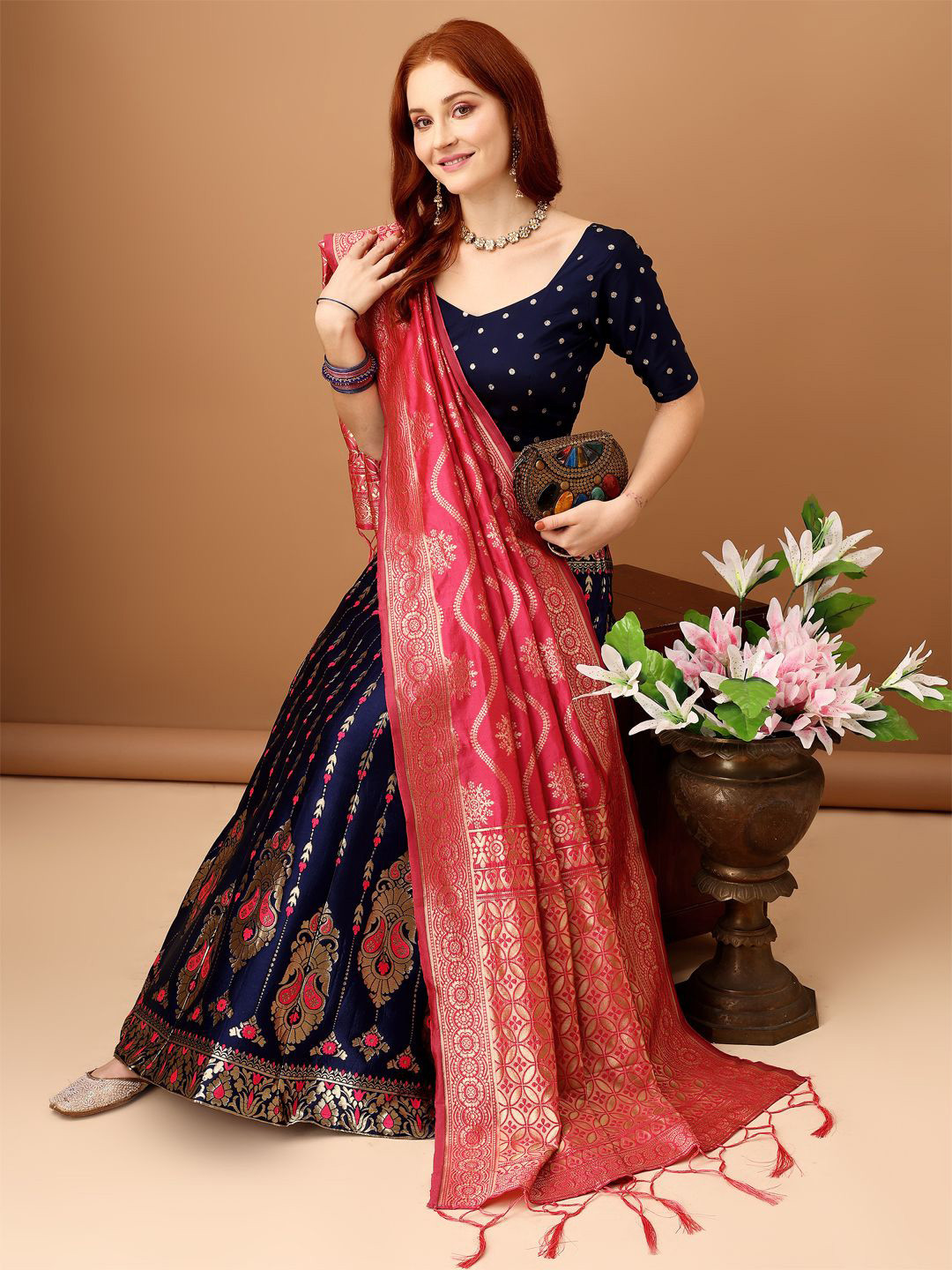 

KAZIA Woven Design Semi-Stitched Lehenga & Unstitched Blouse With Dupatta, Navy blue