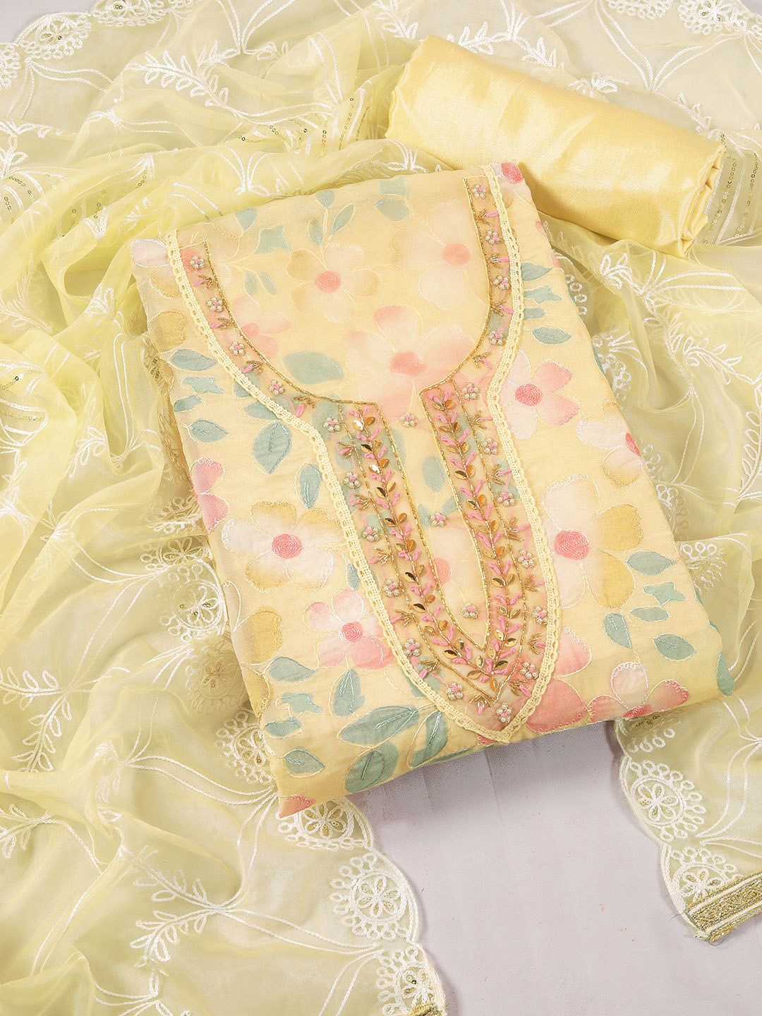 

KALINI Embroidered Beads and Stones Organza Unstitched Dress Material, Yellow
