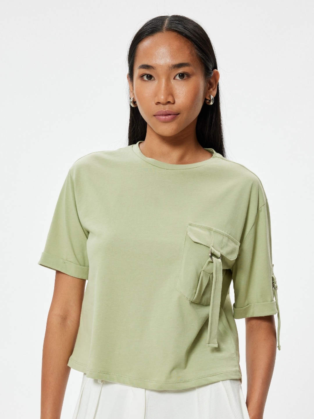 

Koton Women Solid Round Neck Cotton Oversized T-Shirt, Green