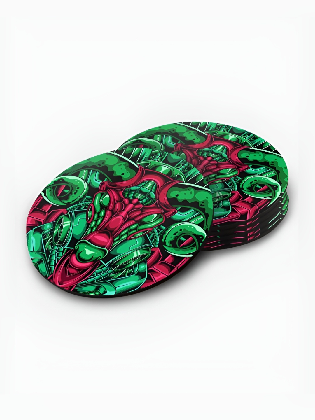 

macmerise Green & Pink 6 Pieces Printed Wooden Round Coasters
