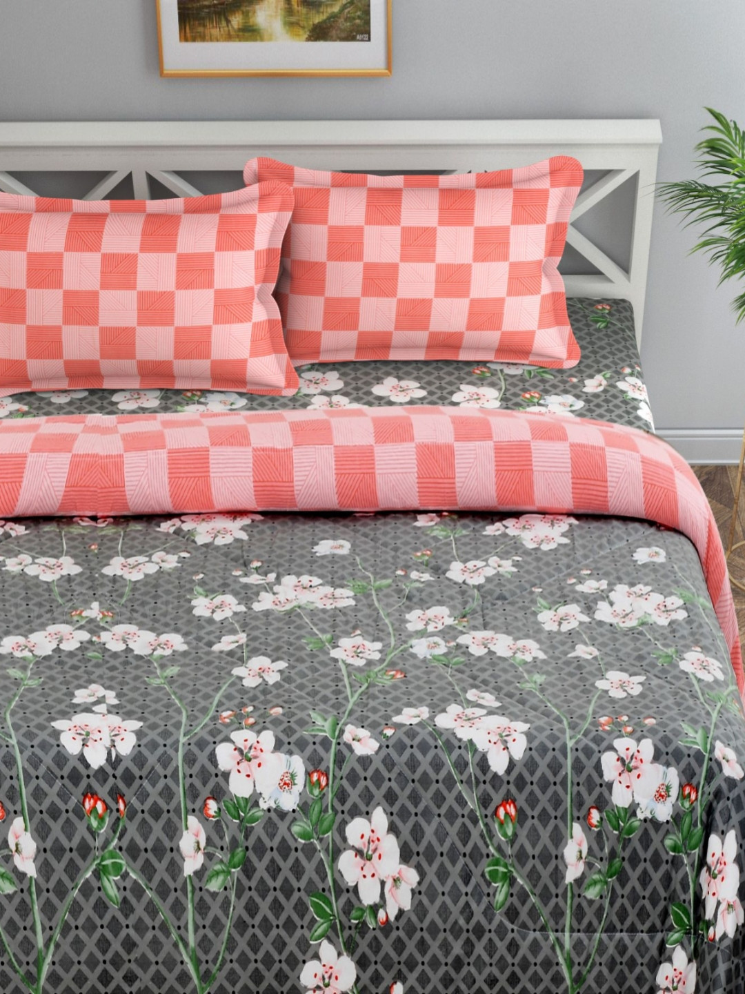 

Florida Grey & Pink Floral Cotton 4 Pieces Double King Bedding Set