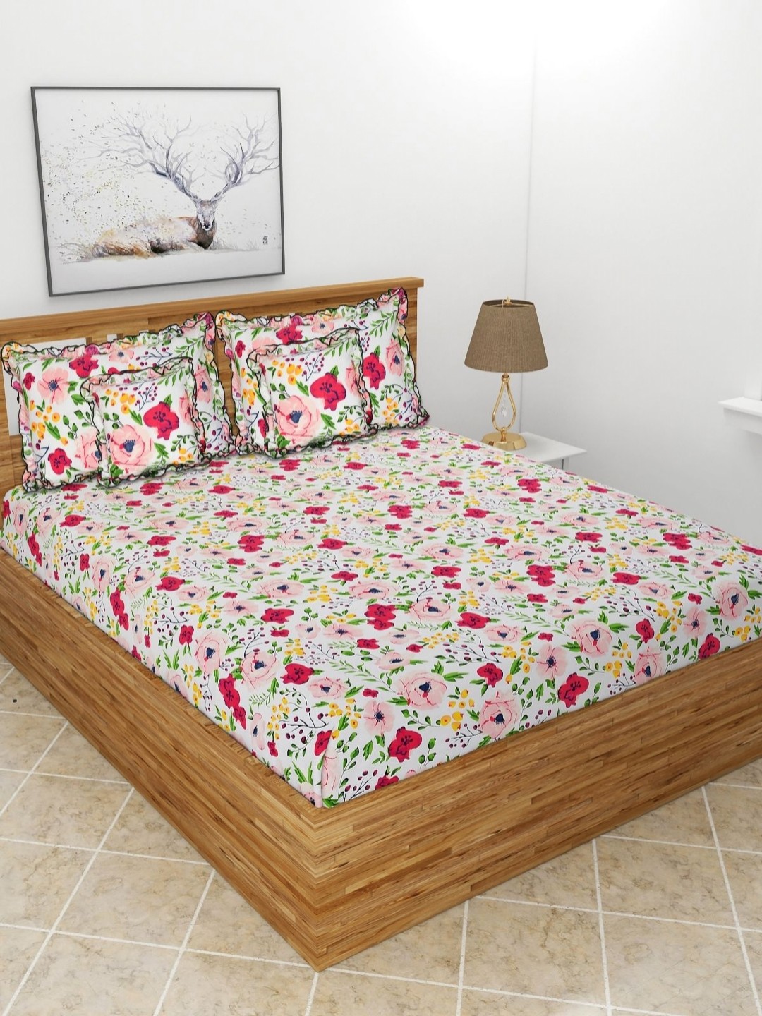 

MORADO White & Pink 5 Pieces Floral Printed Cotton Double Queen Fine Bedding Set