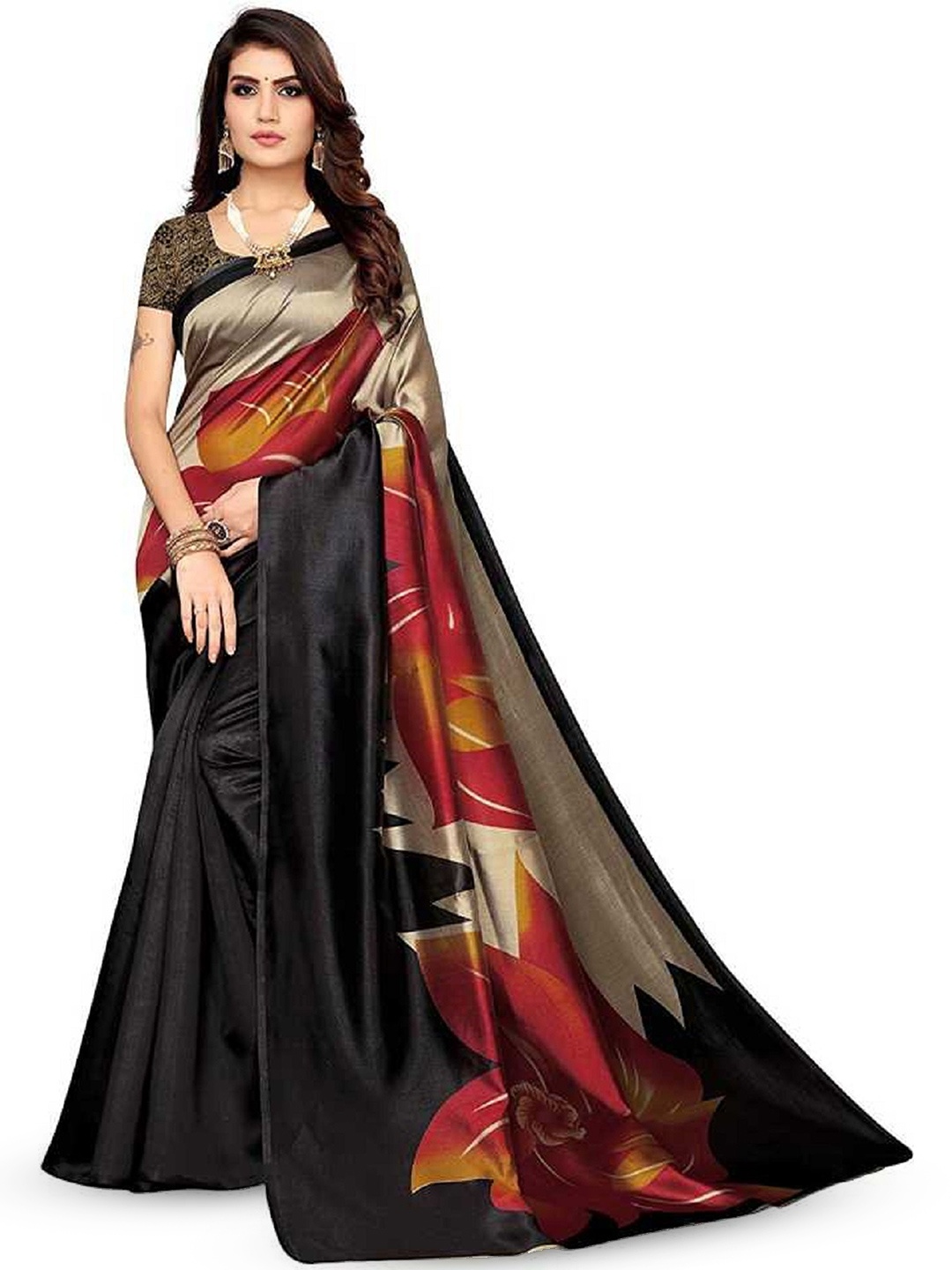 

RUNAYA NX Printed Floral Art Silk Saree, Black