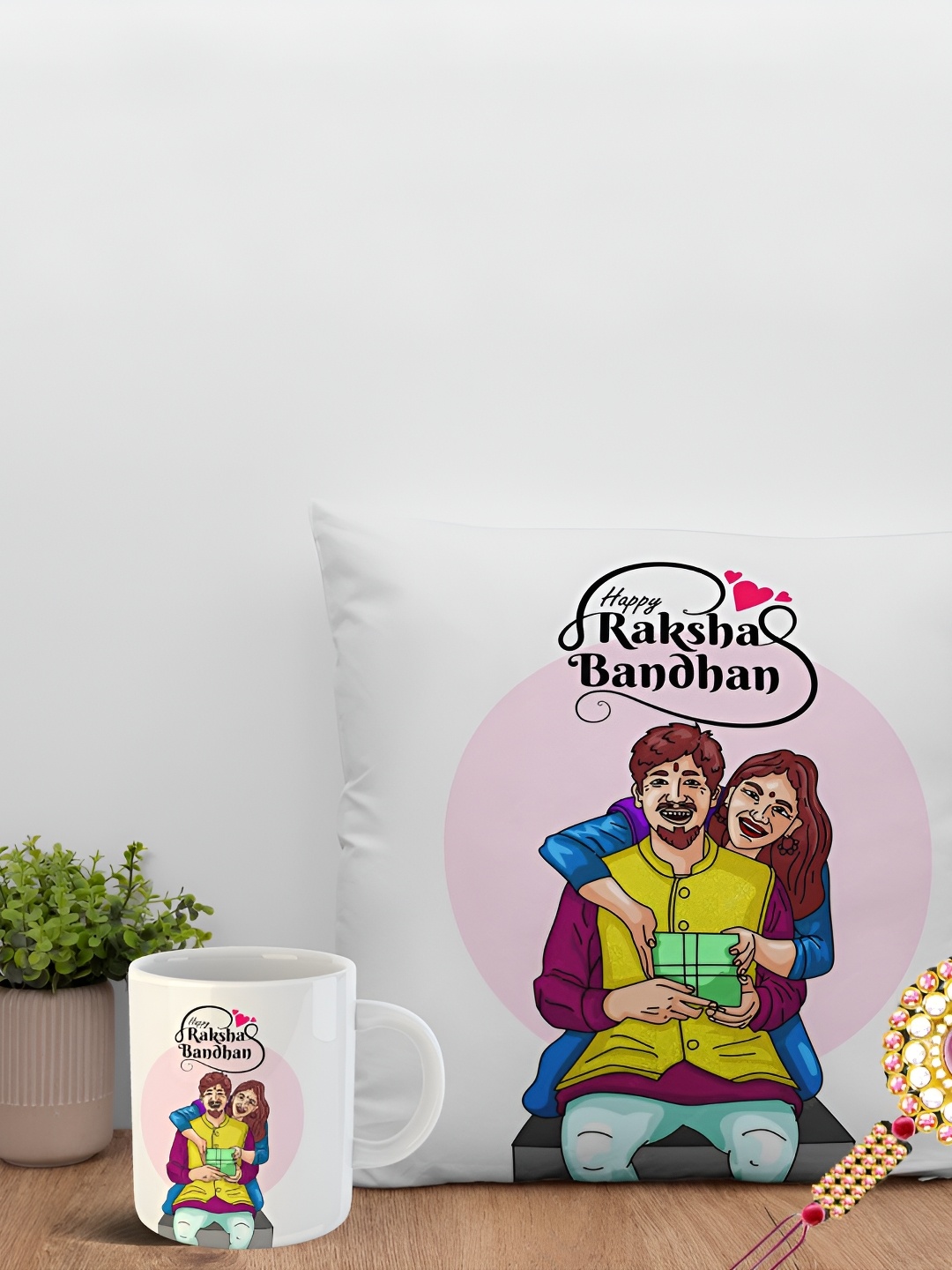 

ARTBUG Set Of 3 Rakhi With Printed Mug & Cushion, Gold