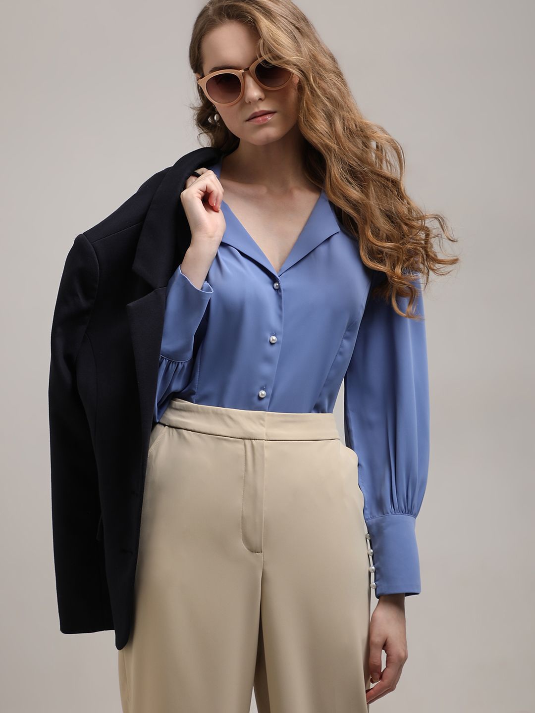 

Vero Moda Women Cuban Collar Solid Formal Shirt, Blue