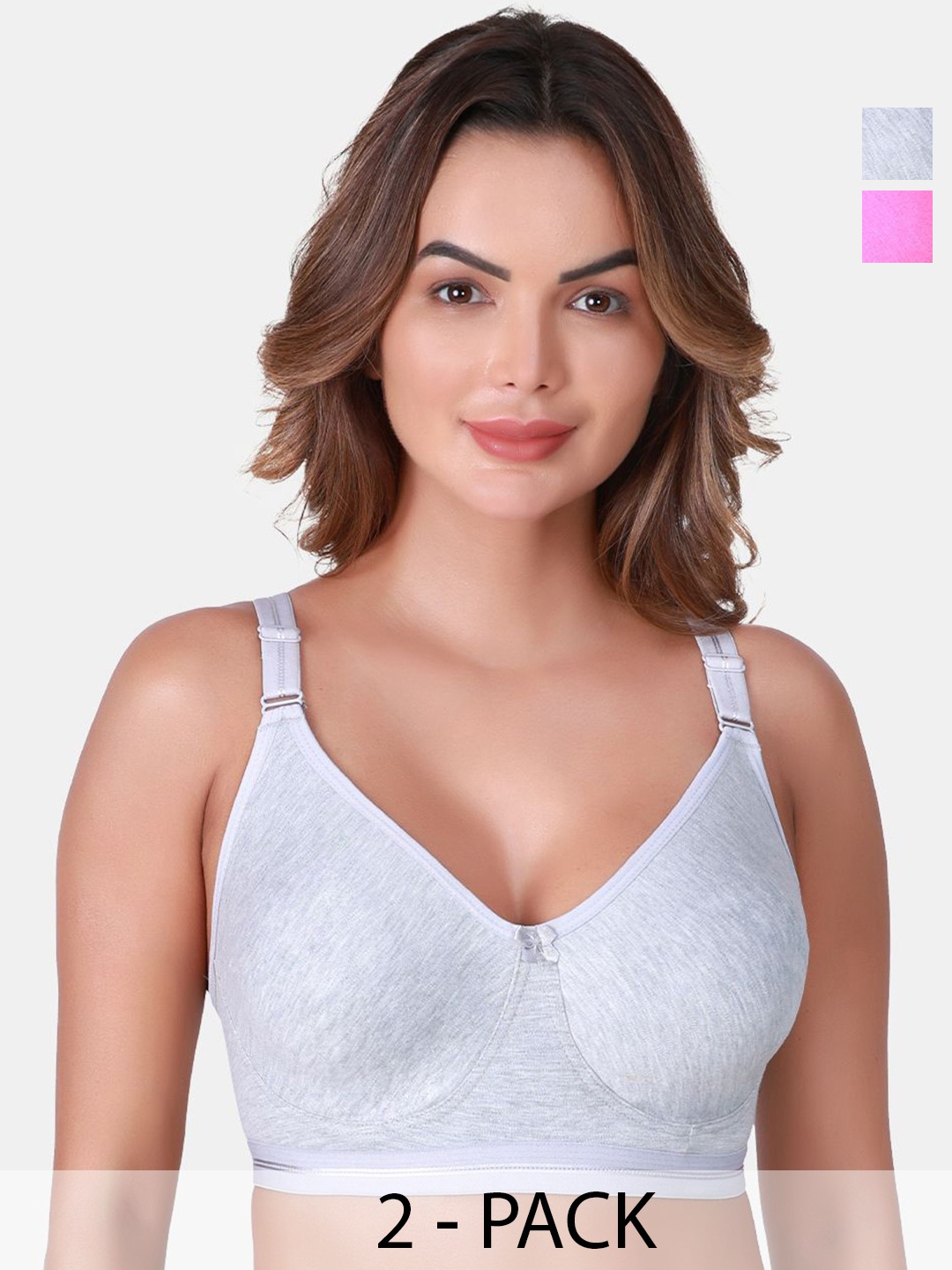 

SKDREAMS Pack Of 2 Cotton Seamless Non Padded Full Coverage T-Shirt Bra, Grey