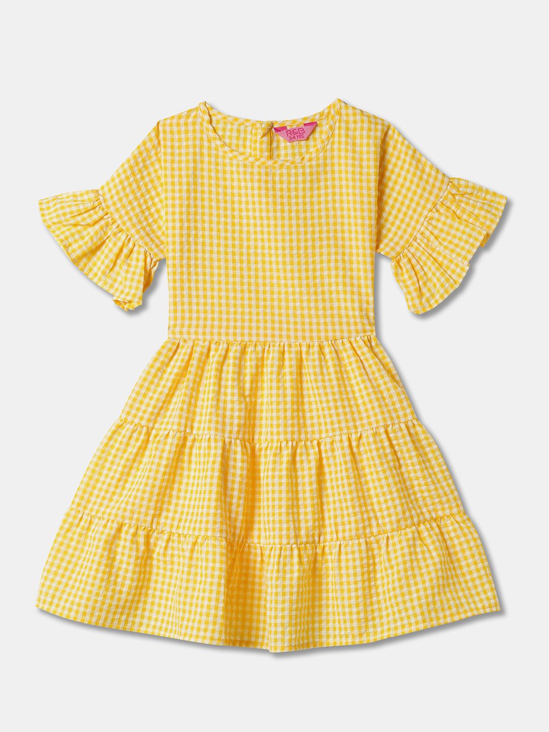 

R&B Girls Checked Bell Sleeve Fit & Flare Dress, Yellow