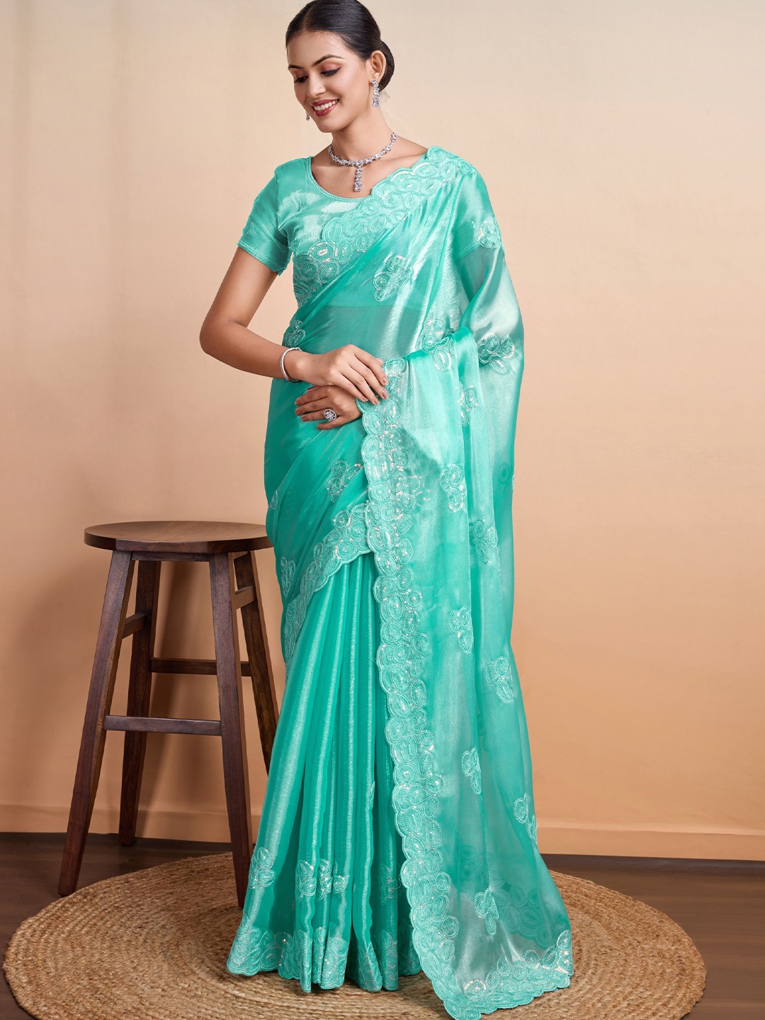 

KIMISHA Embellished Sequinned Ethnic Motifs Organza Saree, Turquoise blue