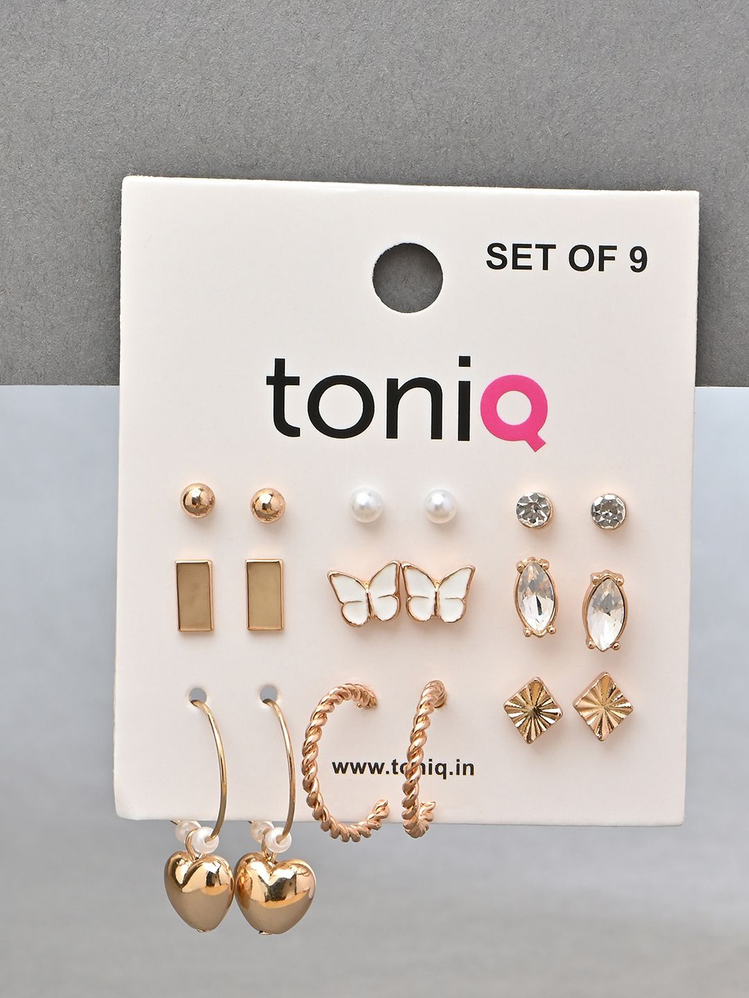 

ToniQ Set of 9 Gold-Plated Pearls Beaded and Studded Studs & Hoop Earrings