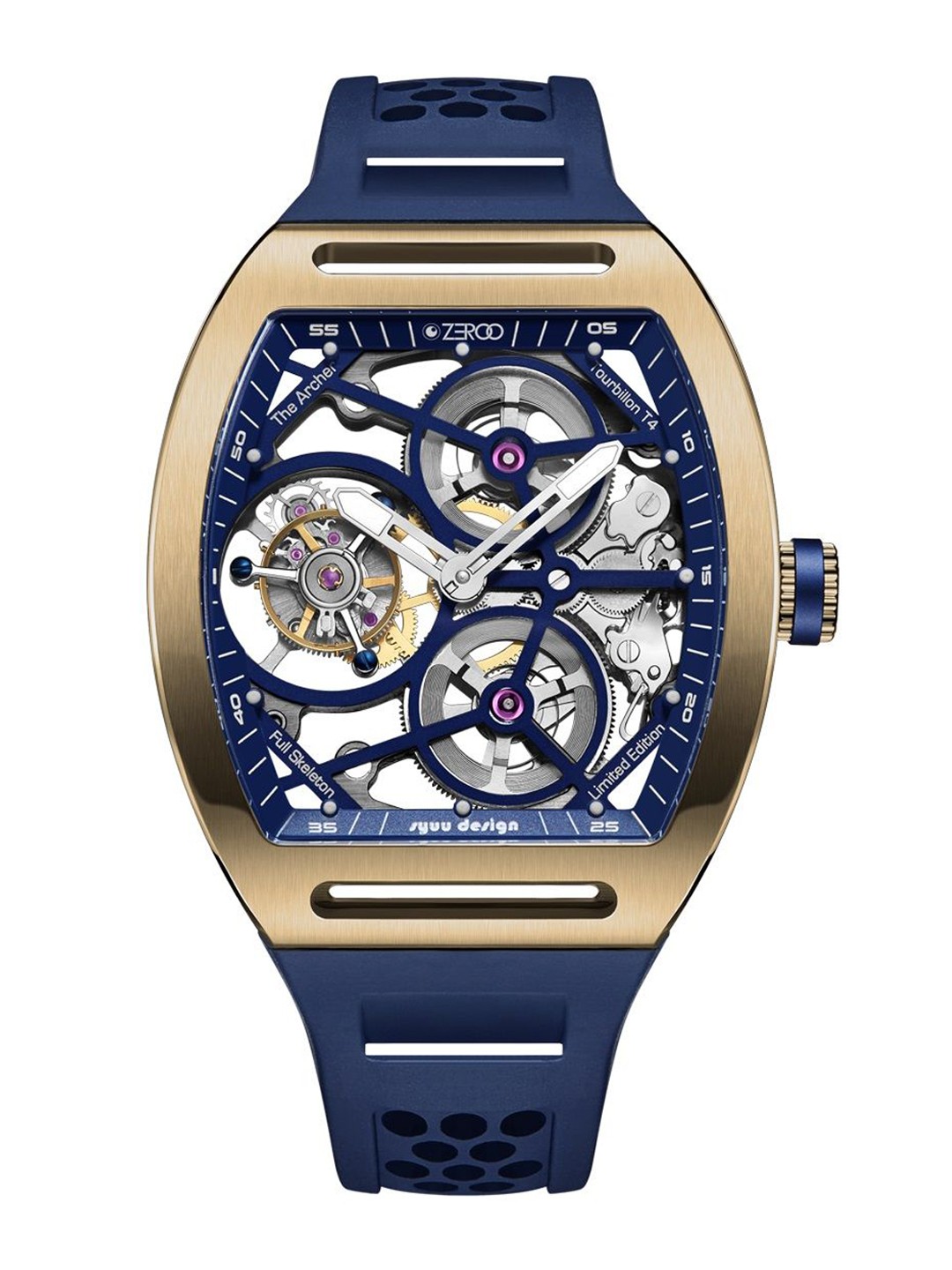 

ZEROO Unisex Skeleton Dial & Leather Bracelet Style Straps Analogue Watch ZT004GBL, Navy blue