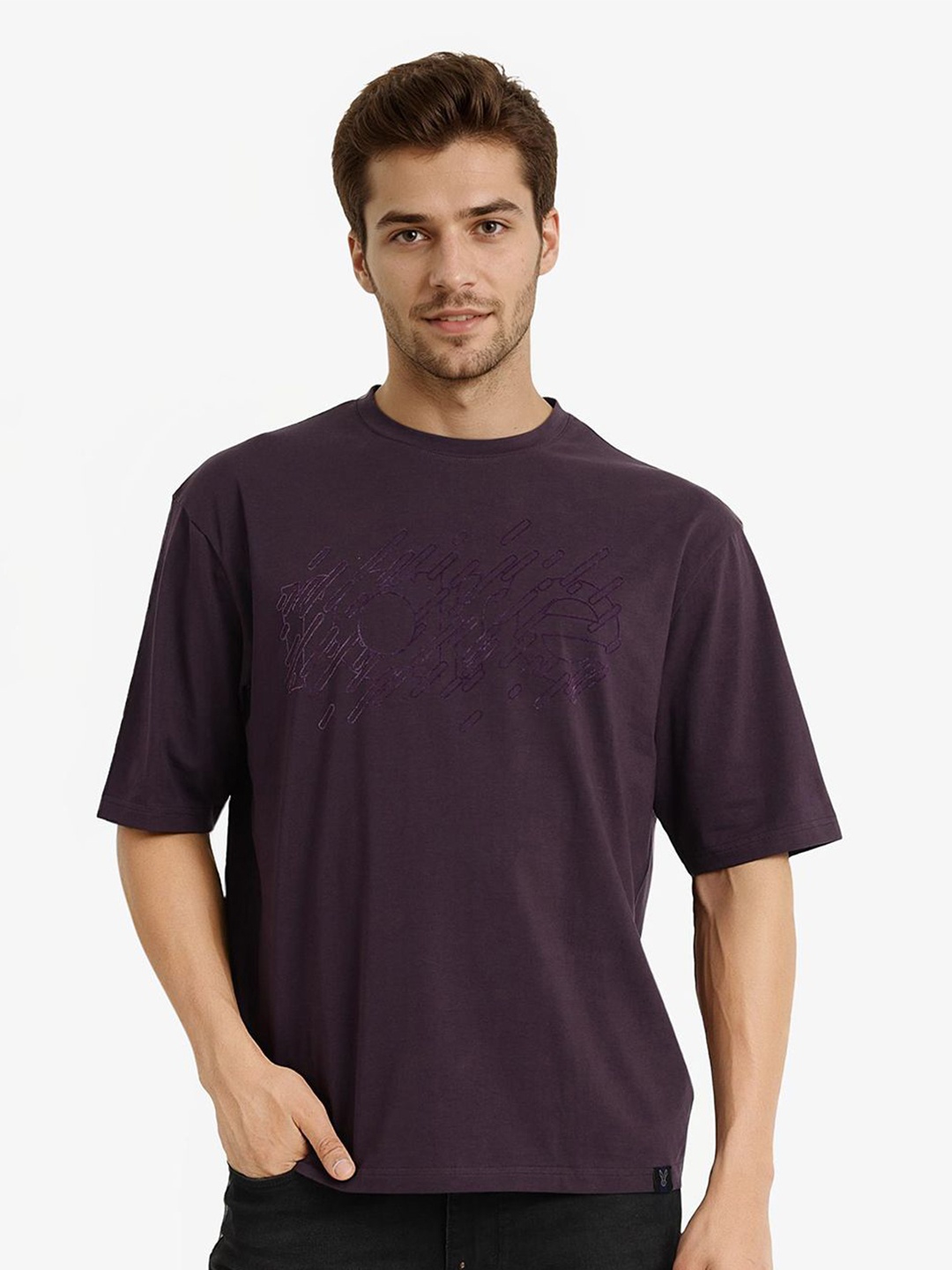 

RARE RABBIT Men Printed Drop-Shoulder Sleeves Oversized T-shirt, Purple