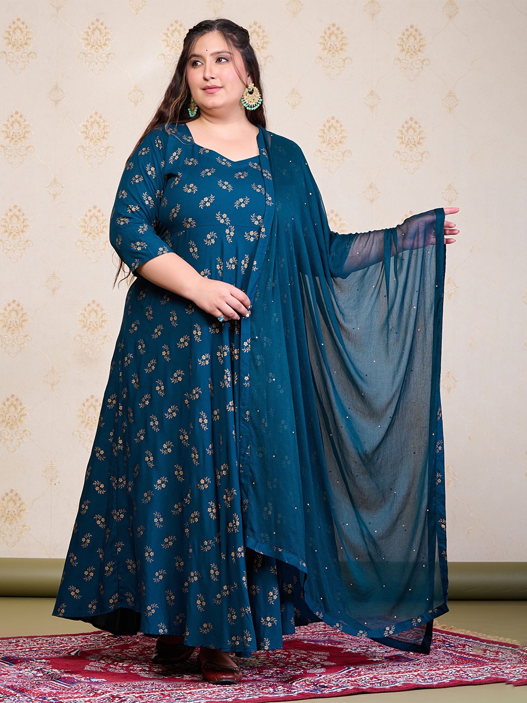 

PrettyPlus by Desinoor.com Plus Size Ethnic Motifs Printed Anarkali Kurta With Dupatta, Teal