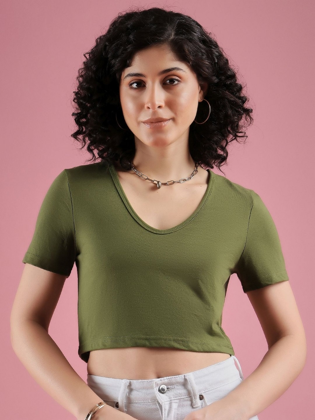 

DressBerry Women Solid V-Neck Cotton T-Shirt, Olive