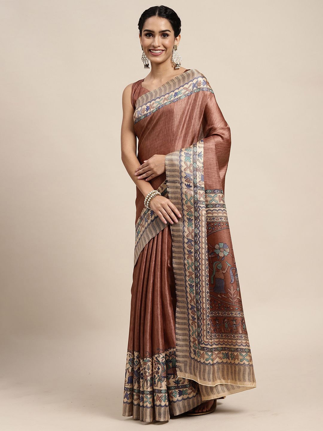 

Saree mall Printed Ethnic Motifs Tussar Saree, Brown