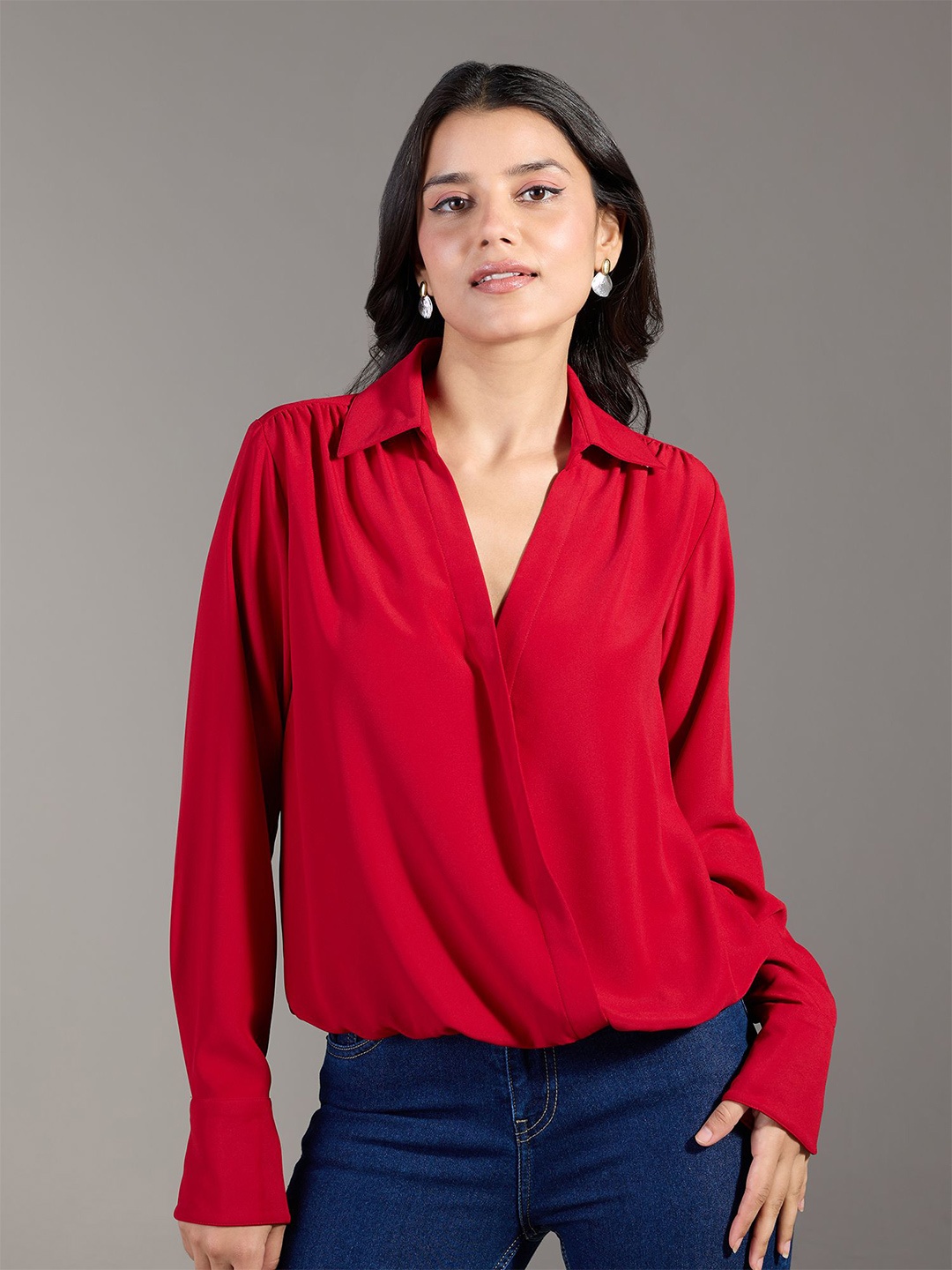 

20Dresses Women Solid Cherry Red Shirt Collar Top