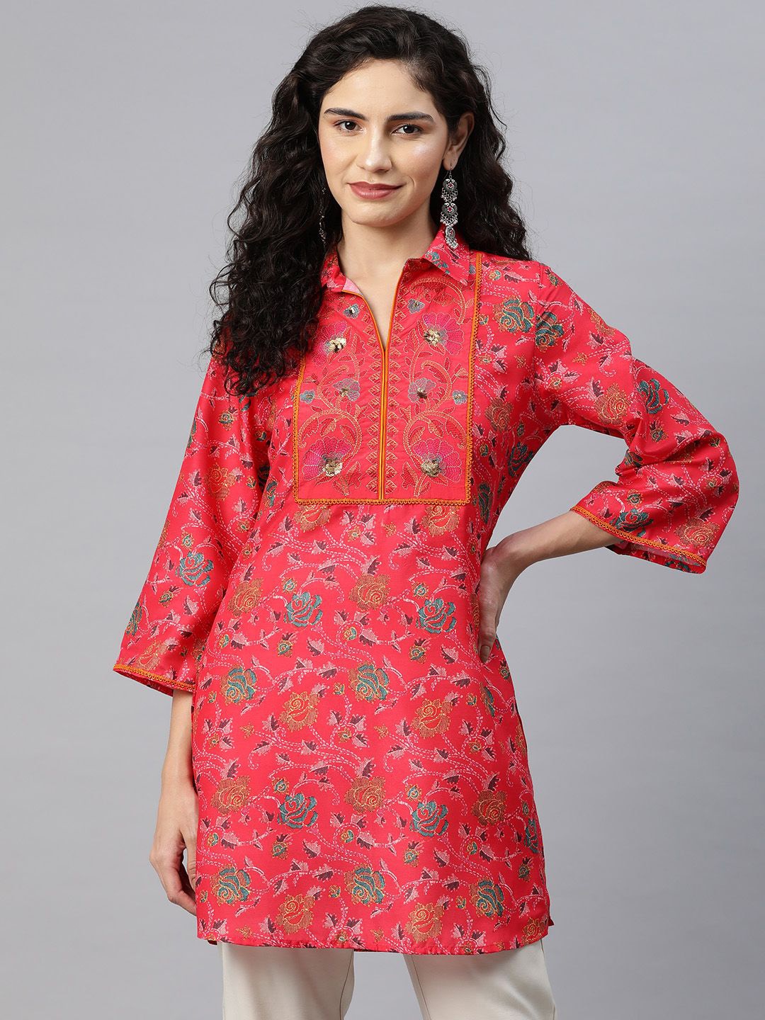 

Nayam By Lakshita Floral Printed Shirt Collar Tunic, Red