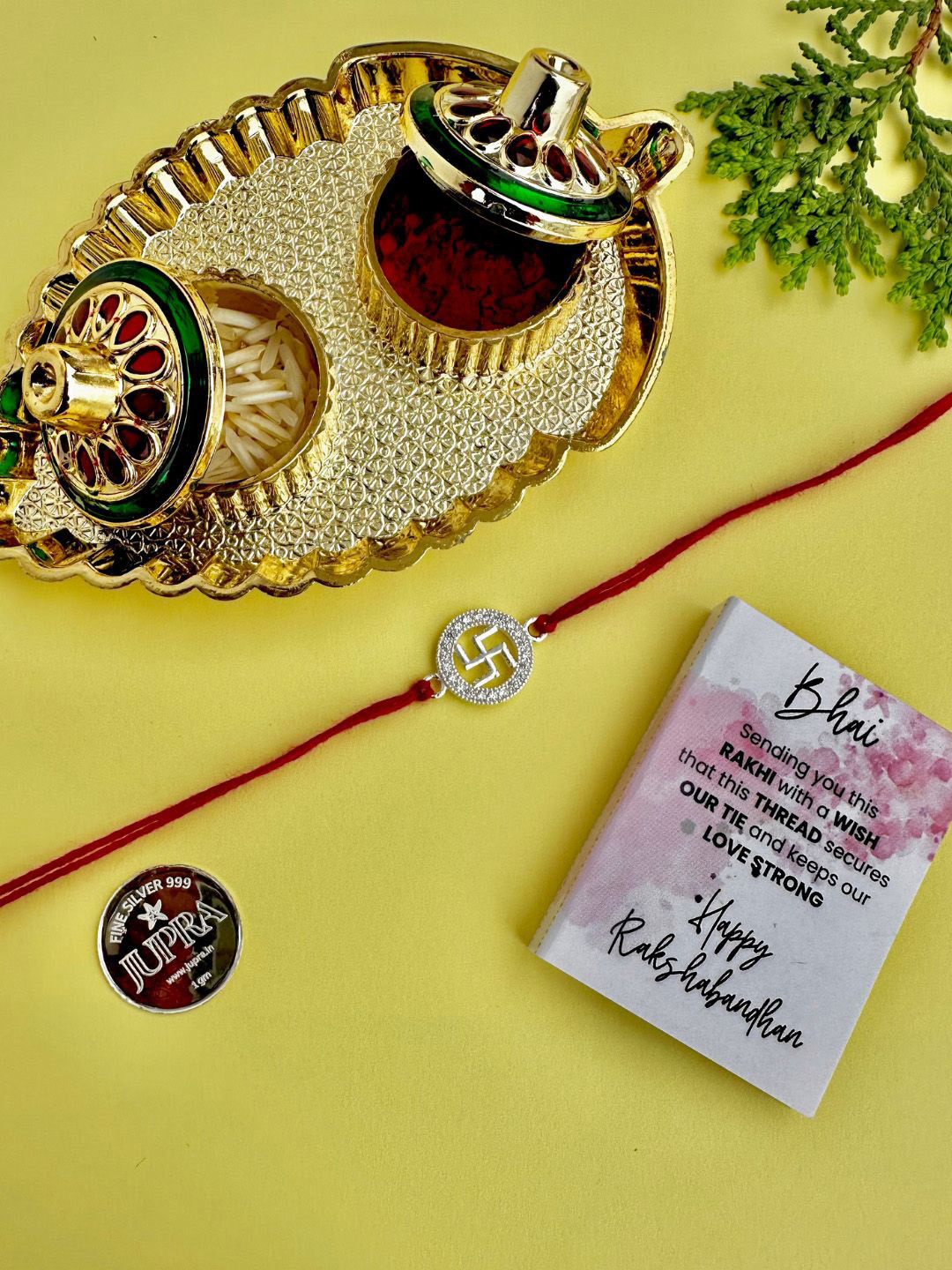 

JUPRA 925 Sterling Silver Ganesh Thread Rakhi with Roli Chawal & Card
