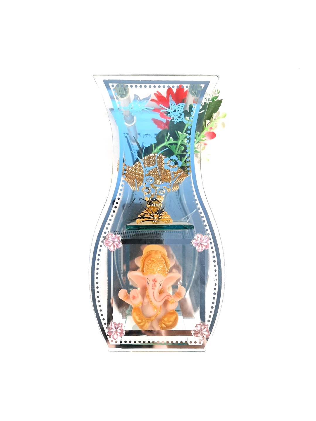 

apka mart Gold-Toned & Blue Floral Vase Enclosed In Mirror Panels Showpiece