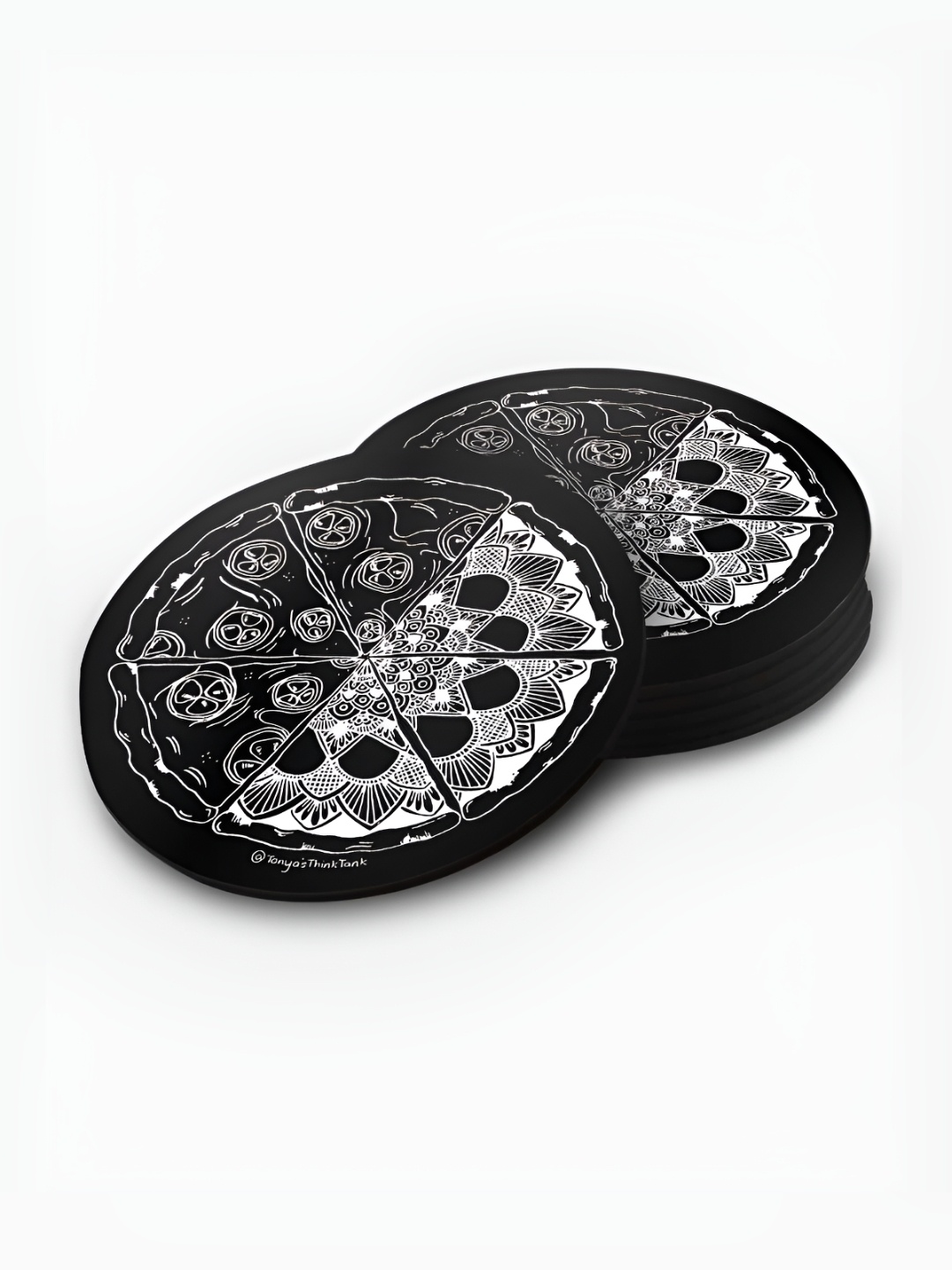 

macmerise Black & White 6 Pieces Pizza Printed Wooden Circular Coasters