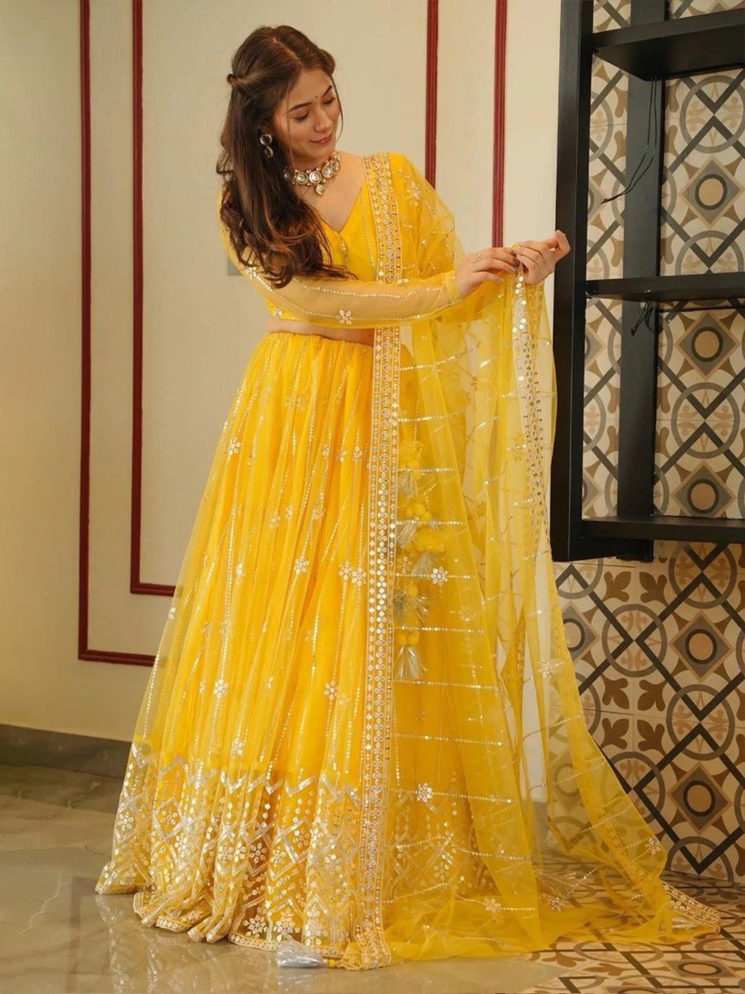 

Ethnic Yard Floral Embroidered Semi-Stitched Lehenga & Unstitched Blouse & Dupatta, Yellow