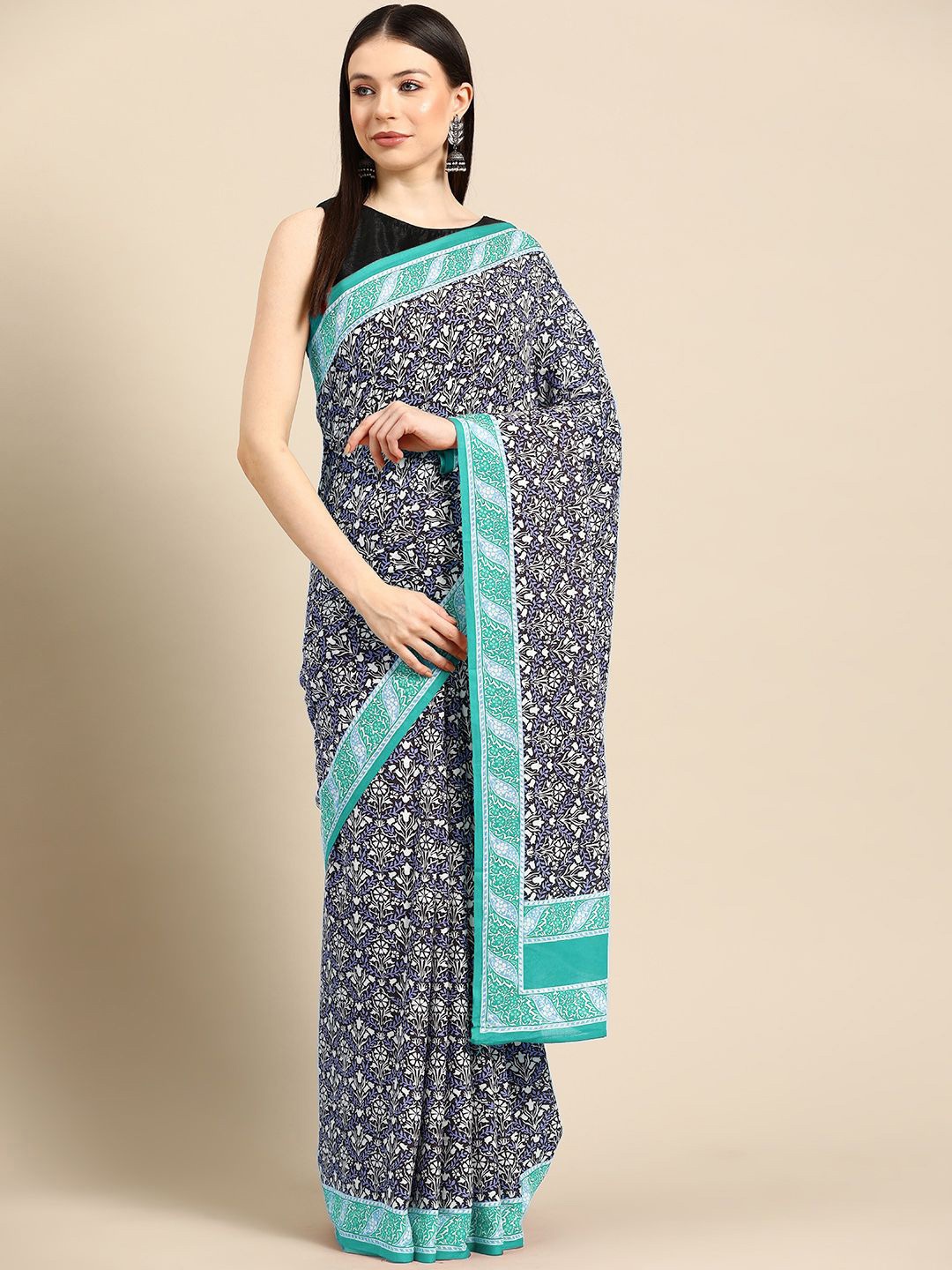 

BUTA BUTI Printed Floral Pure Cotton Saree, Black