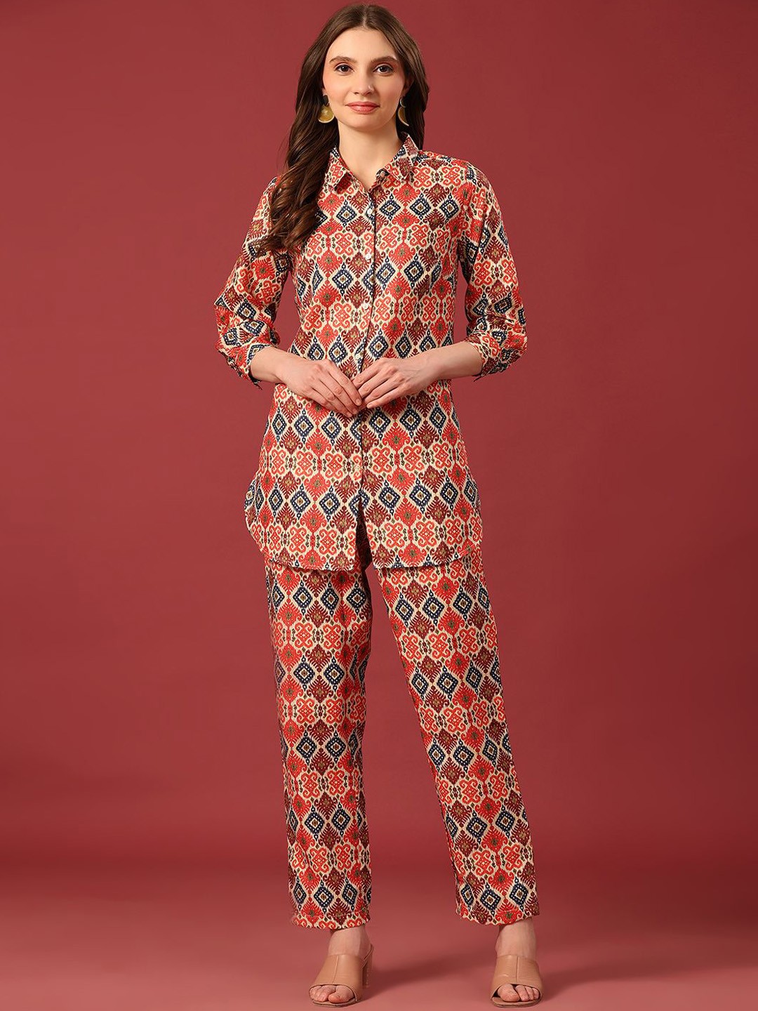 

Poshak Hub Ethnic Printed Cotton Tunic With Trousers, Cream