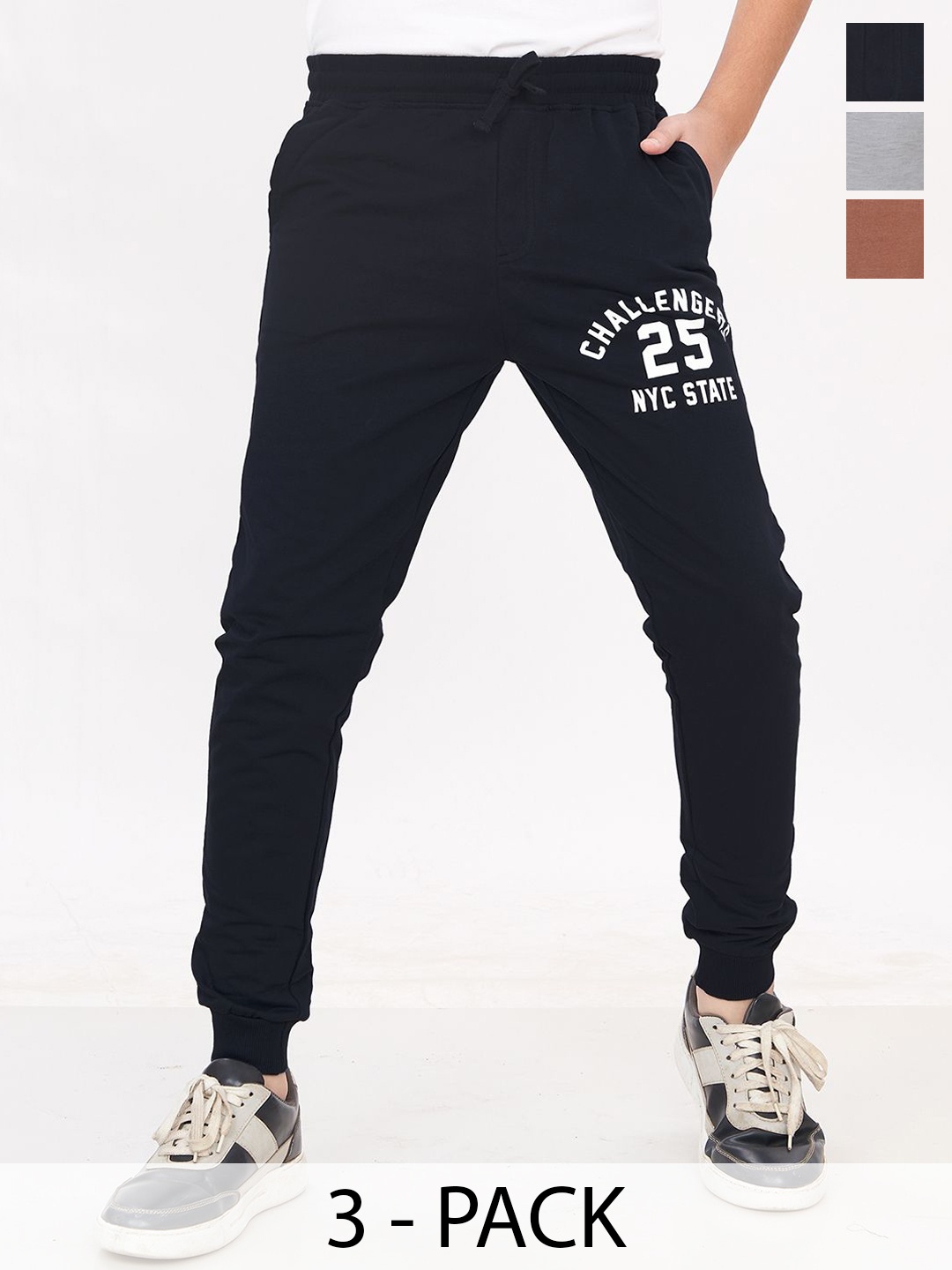

Elzoh Boy's Pack Of 3 Printed Cotton Joggers, Black