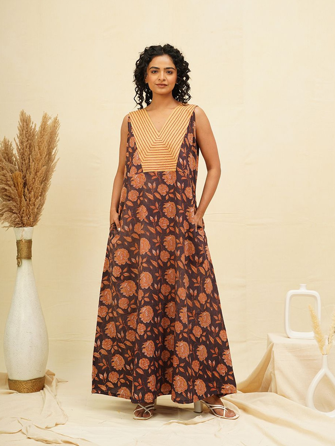 

THE SAFFRON SAGA Floral Print Pure Cotton Maxi Dress, Brown