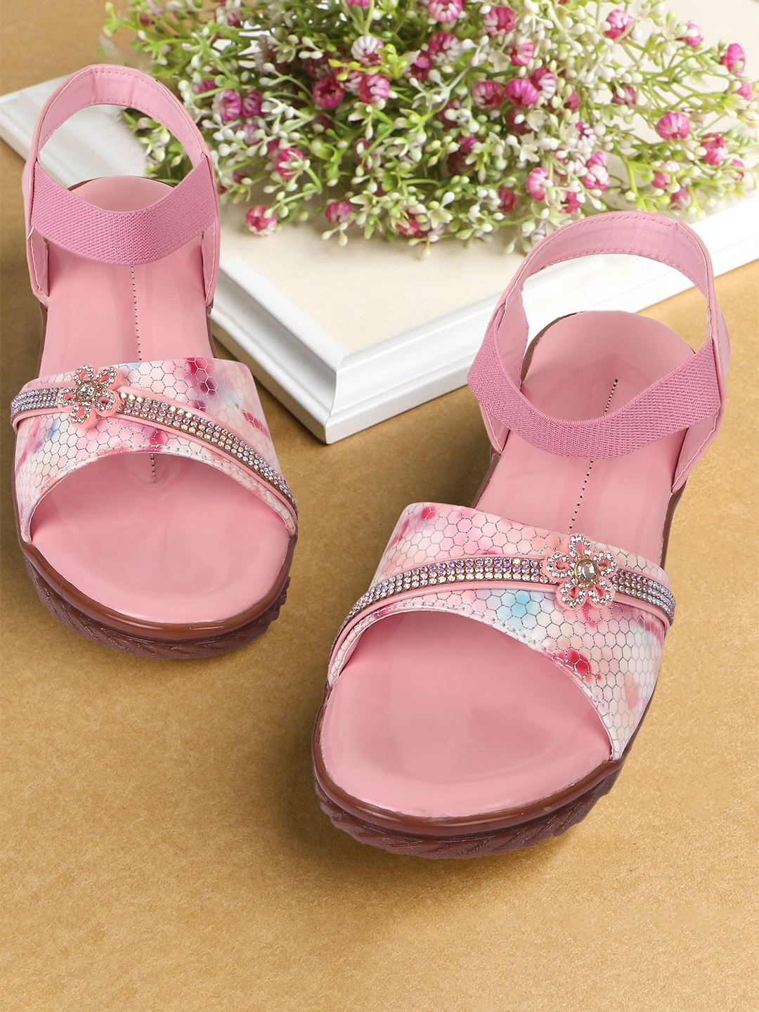 

BAESD Girls Ankle Loop Open Toe Flats With Western - Embellished, Pink