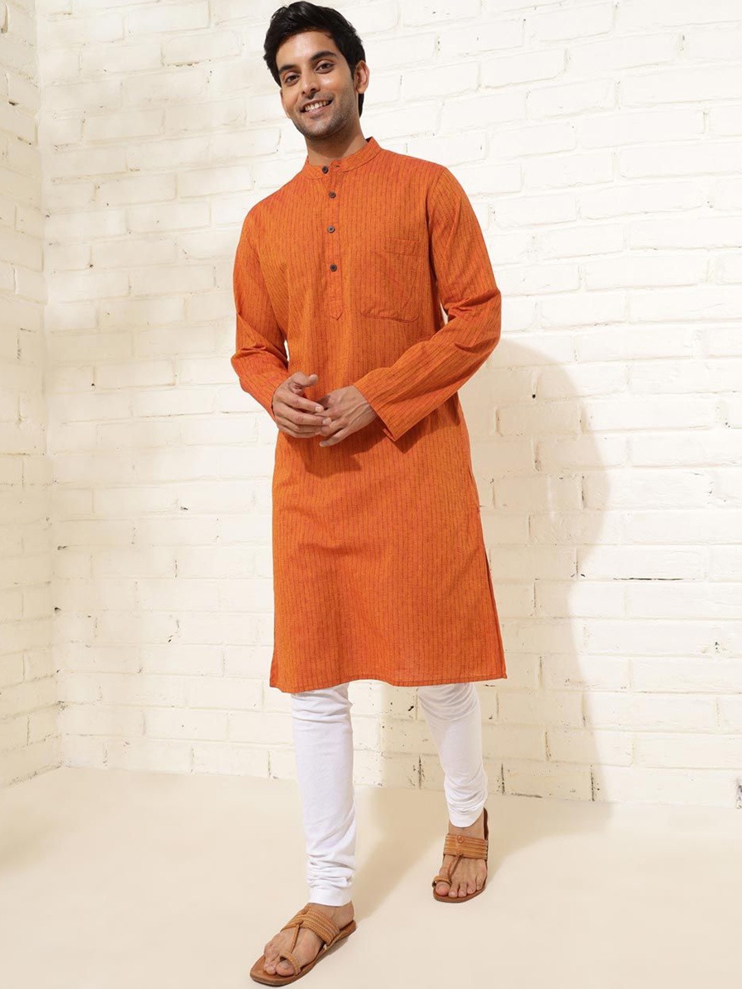 

Fabindia Striped Mandarin Collar Long Sleeves Cotton Straight Kurta, Rust